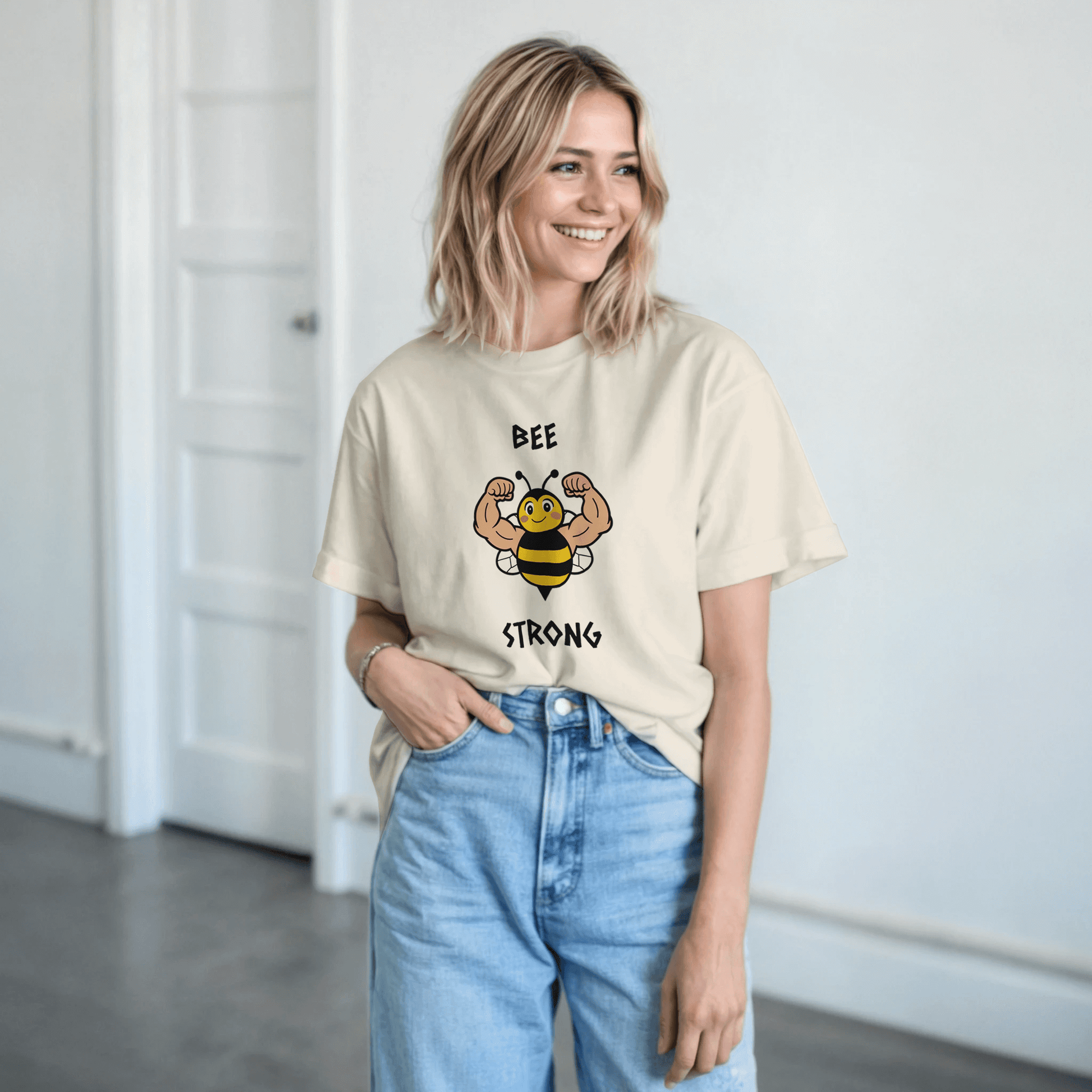  a 'Bee Strong' t-shirt with a graphic of a bee lifting weights.