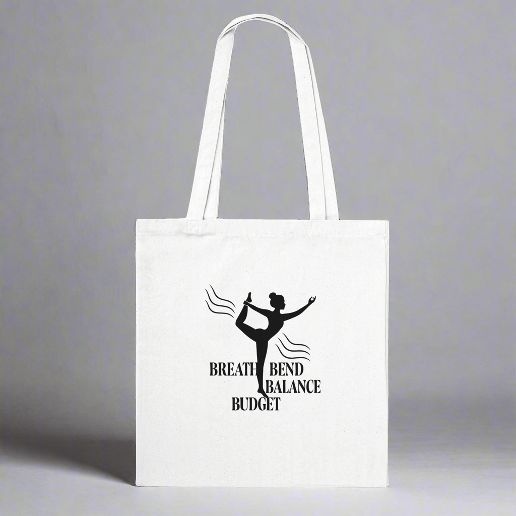 White tote bag with black silhouette and dance slogan.