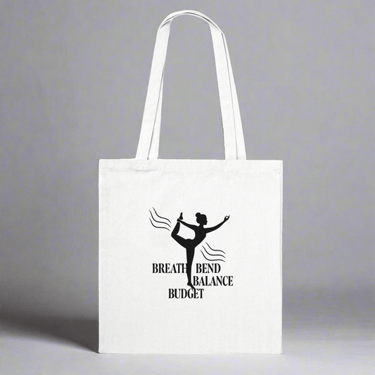 White tote bag with black silhouette and dance slogan.