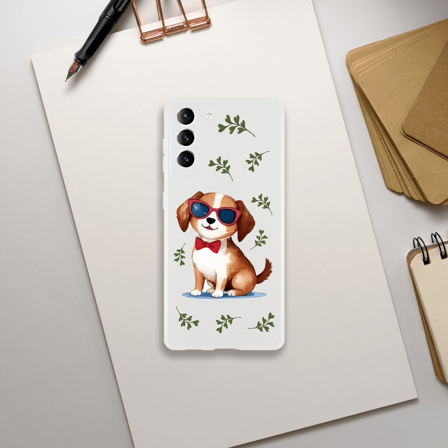 Phone case with a dog design wearing sunglasses