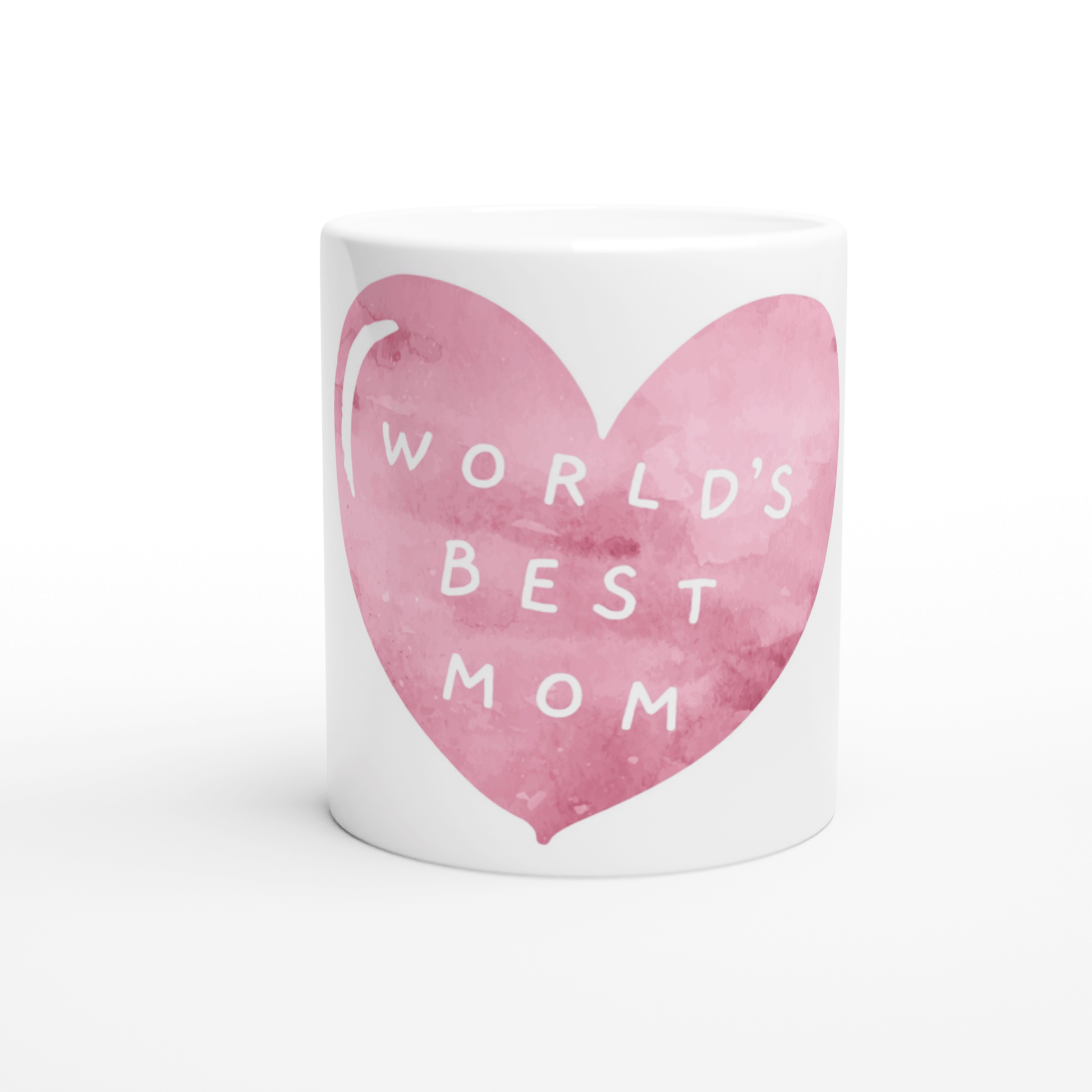 White mug with pink heart and 'World's Best Mom' text