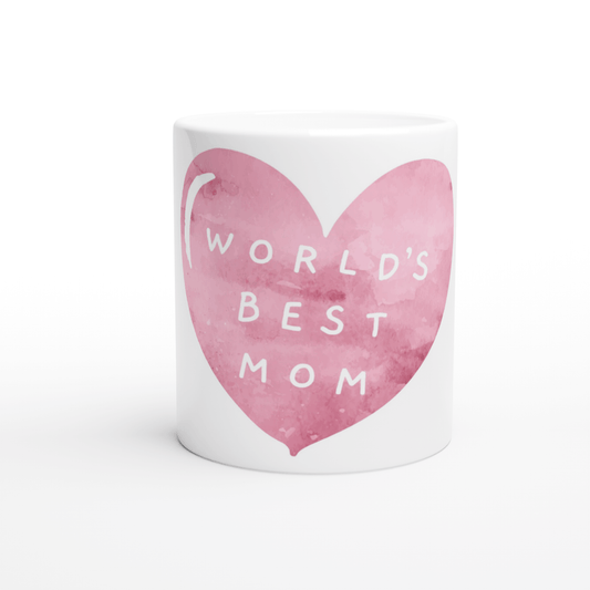 White mug with pink heart and 'World's Best Mom' text
