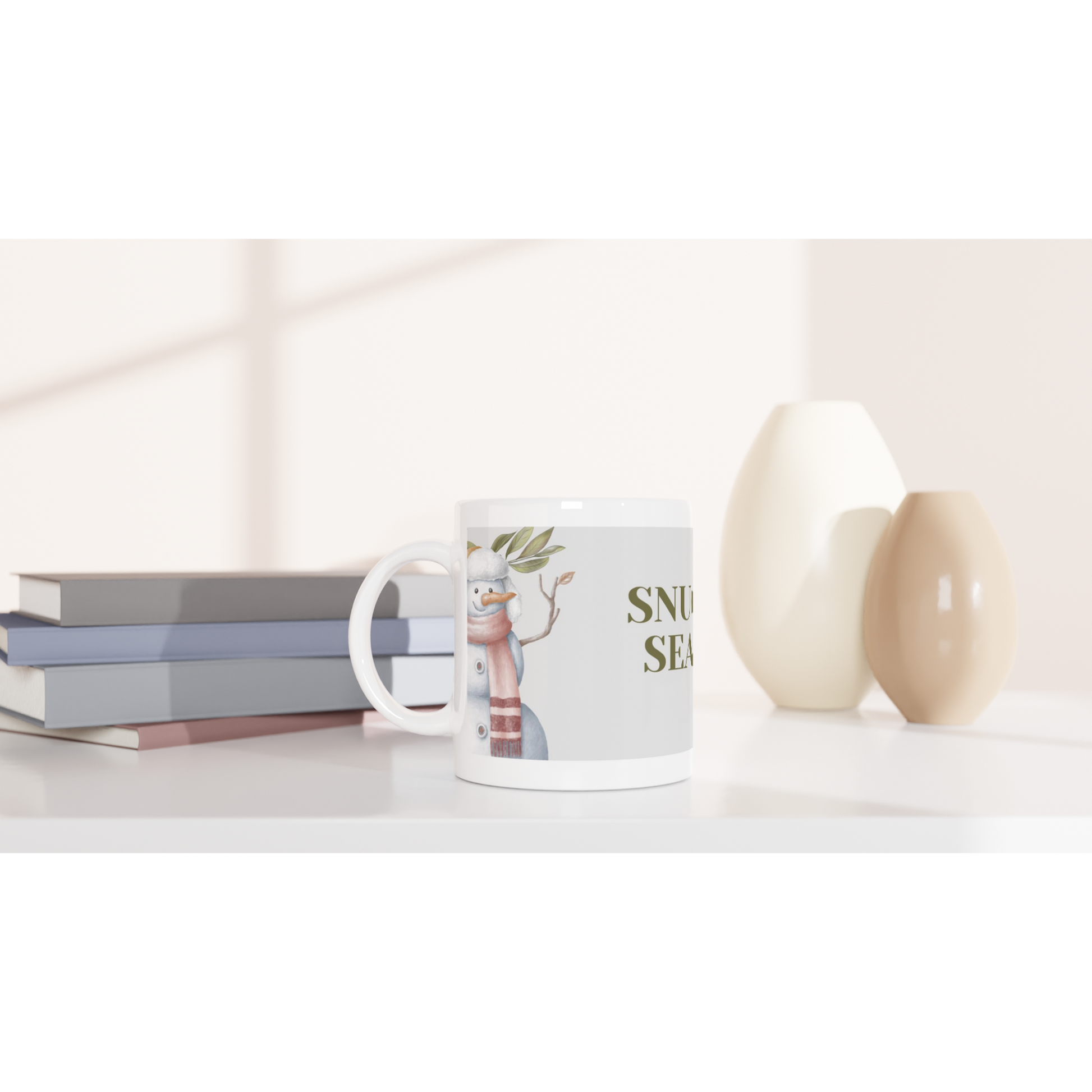 White mug with snowman design and 'Snow Season' text 