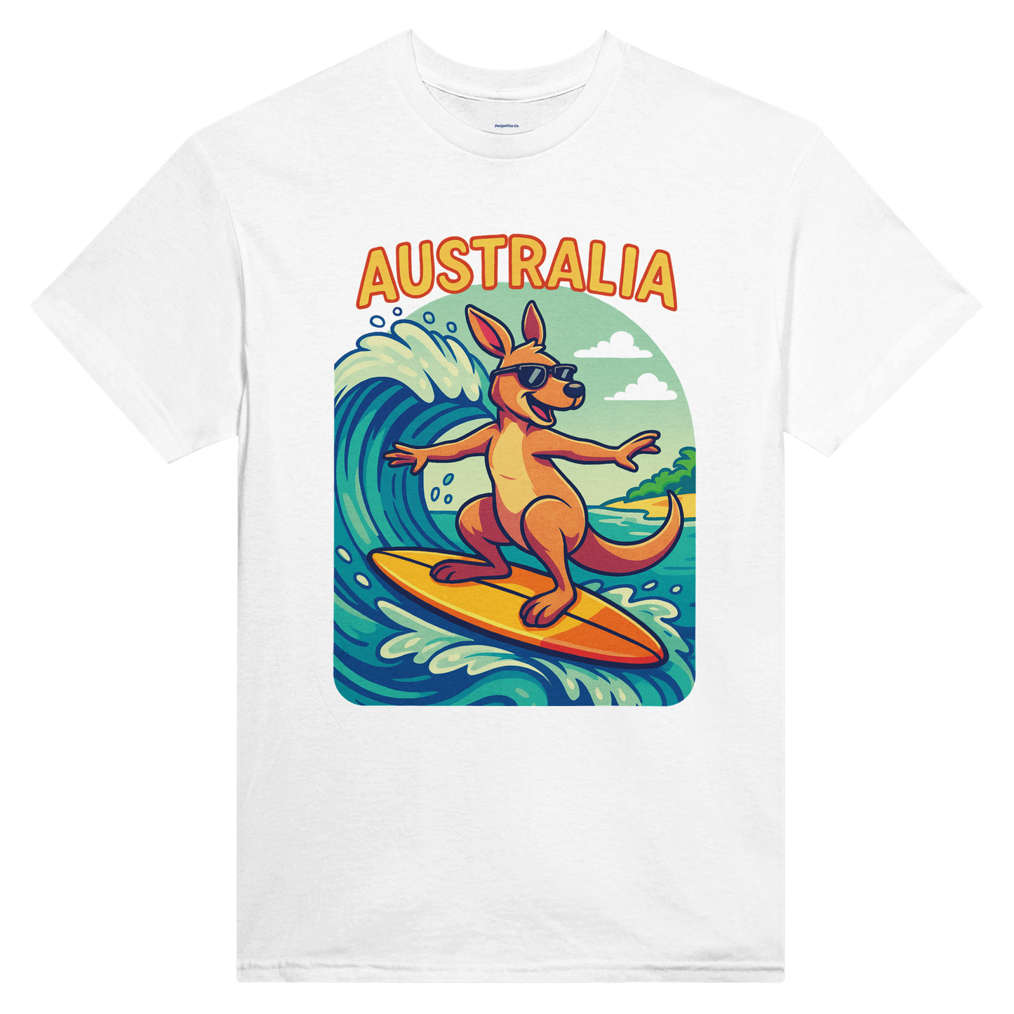 White t-shirt with a kangaroo surfing design and 'Australia' text