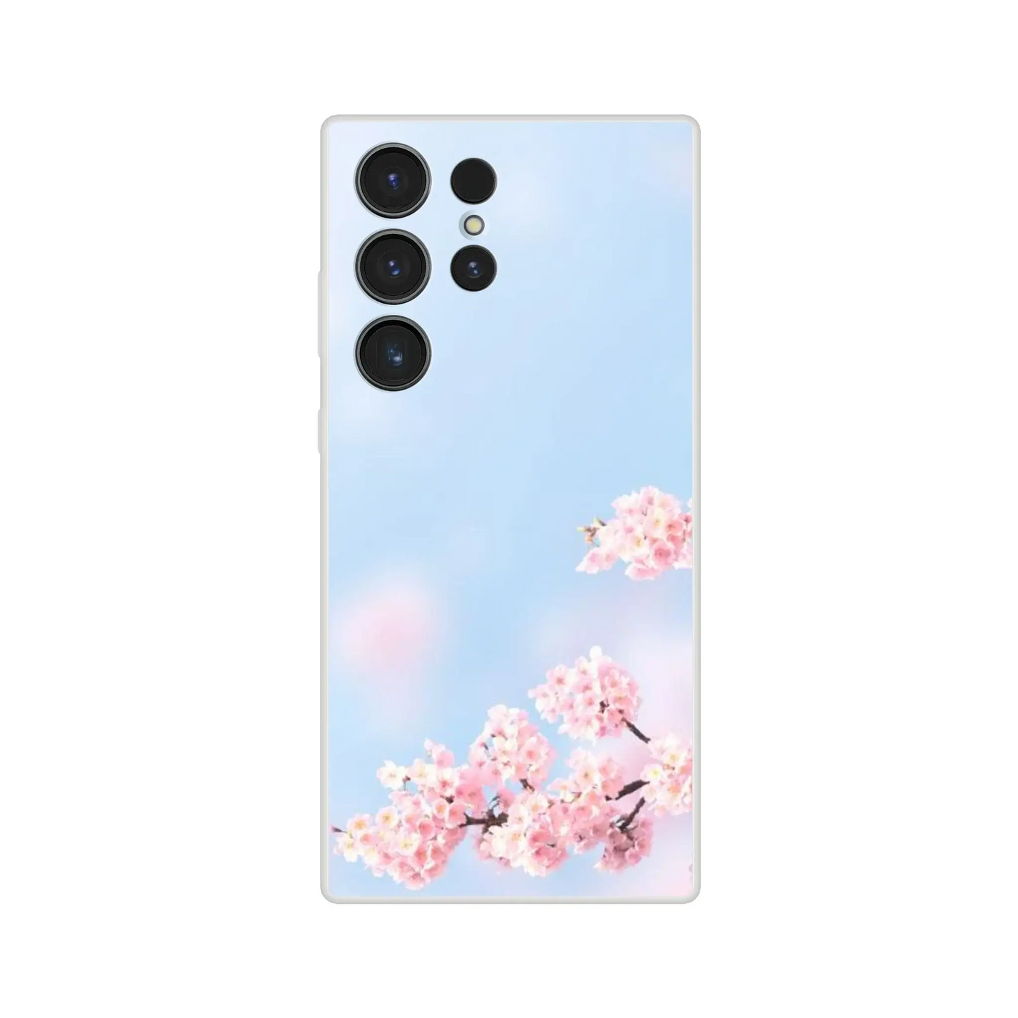Phone case with cherry blossom design on a light blue background