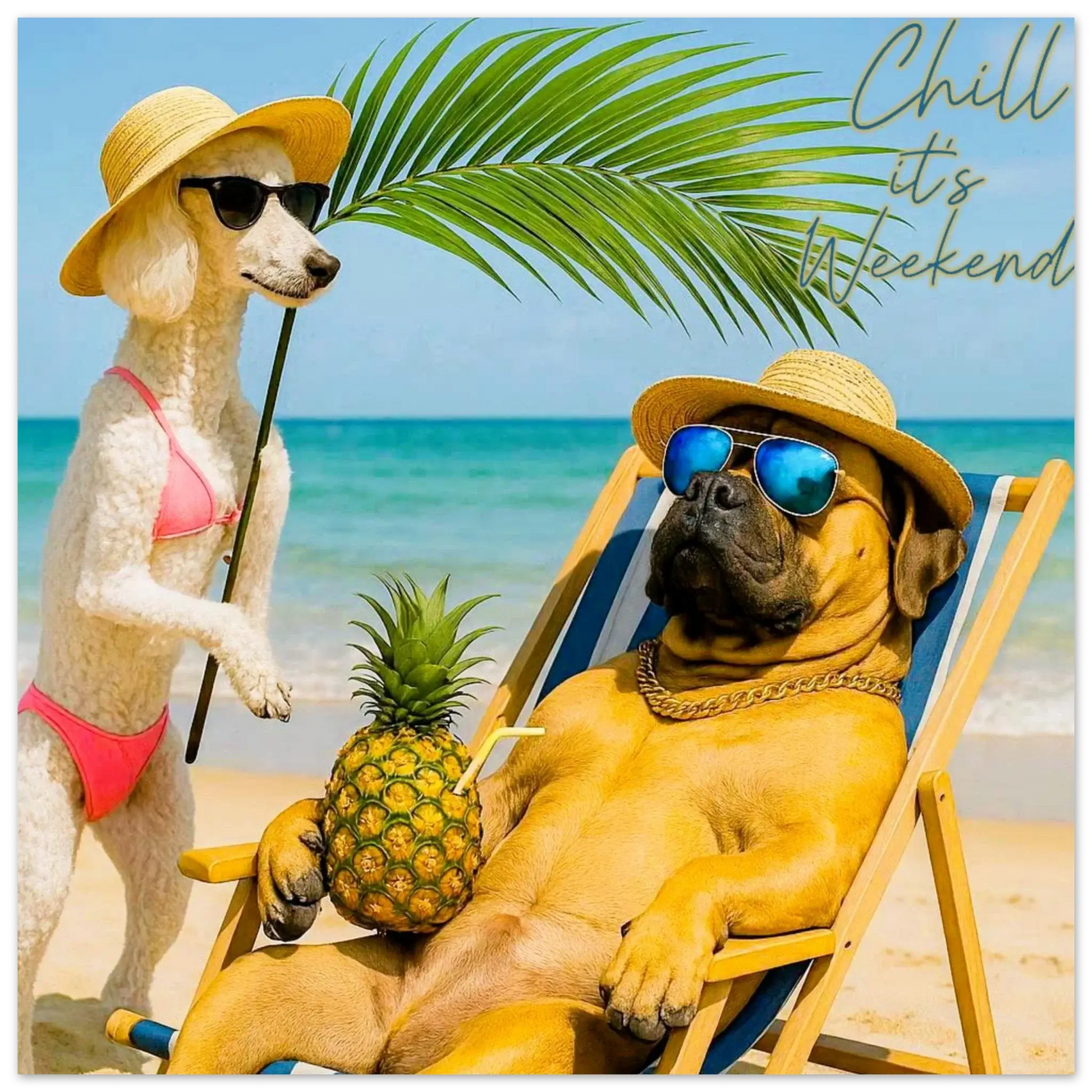 Two dogs on a beach, one in a hat and sunglasses holding a palm leave the other lounging on a chair with sunglasses.