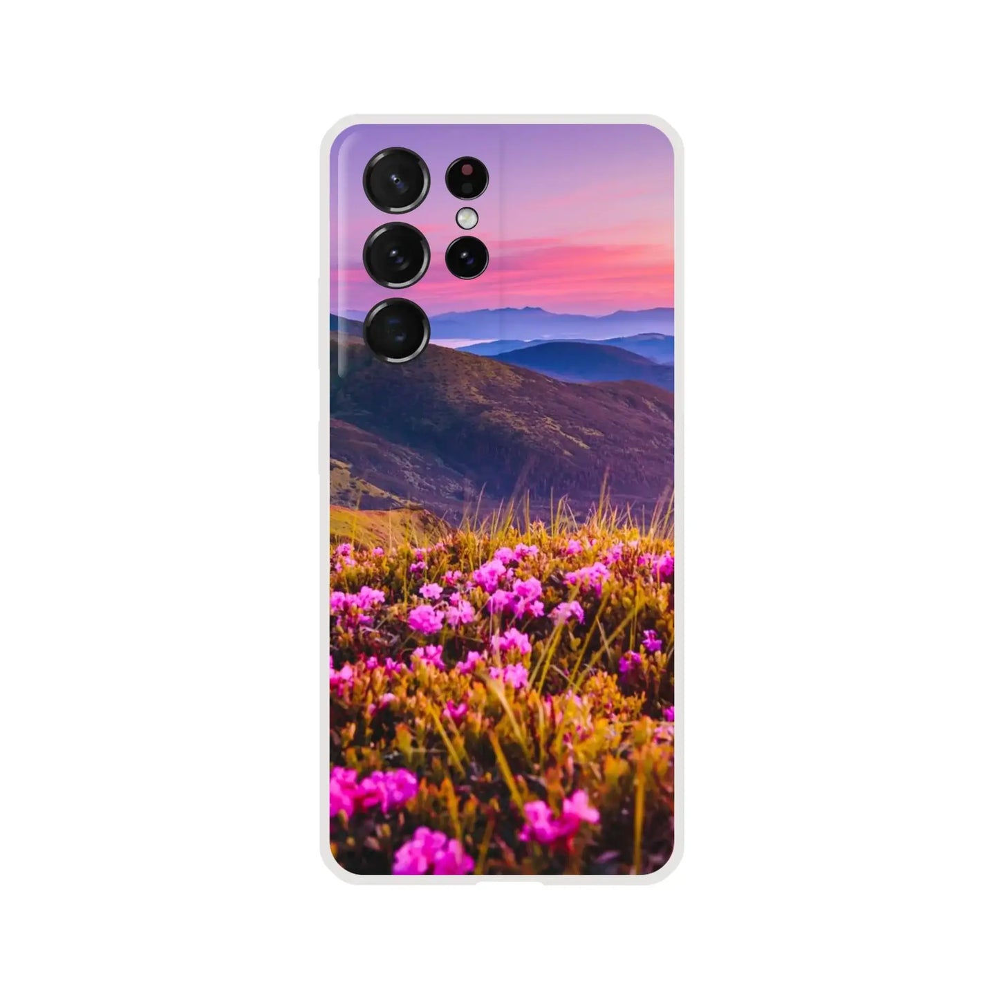 Phone case with a mountain and flower landscape design 