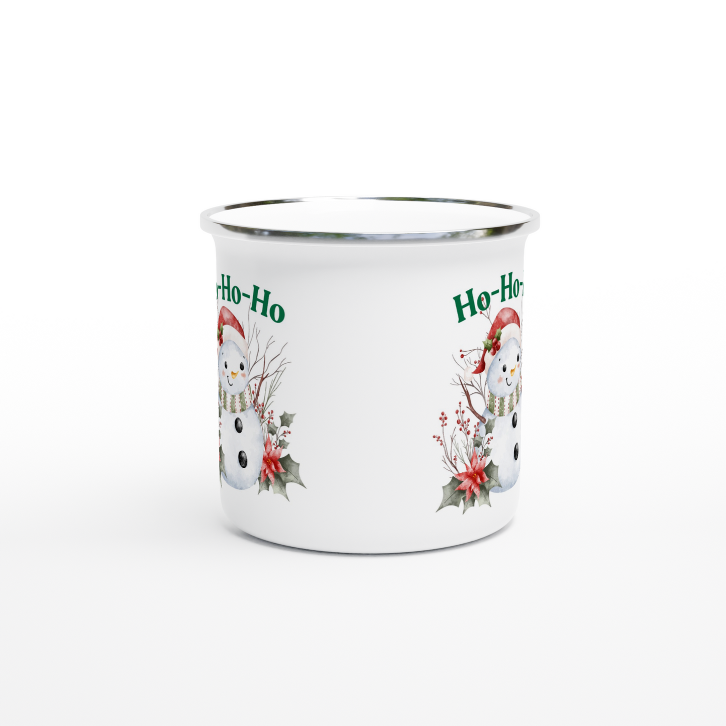 White mug with Christmas design featuring snowmen and 'Ho-Ho' text 