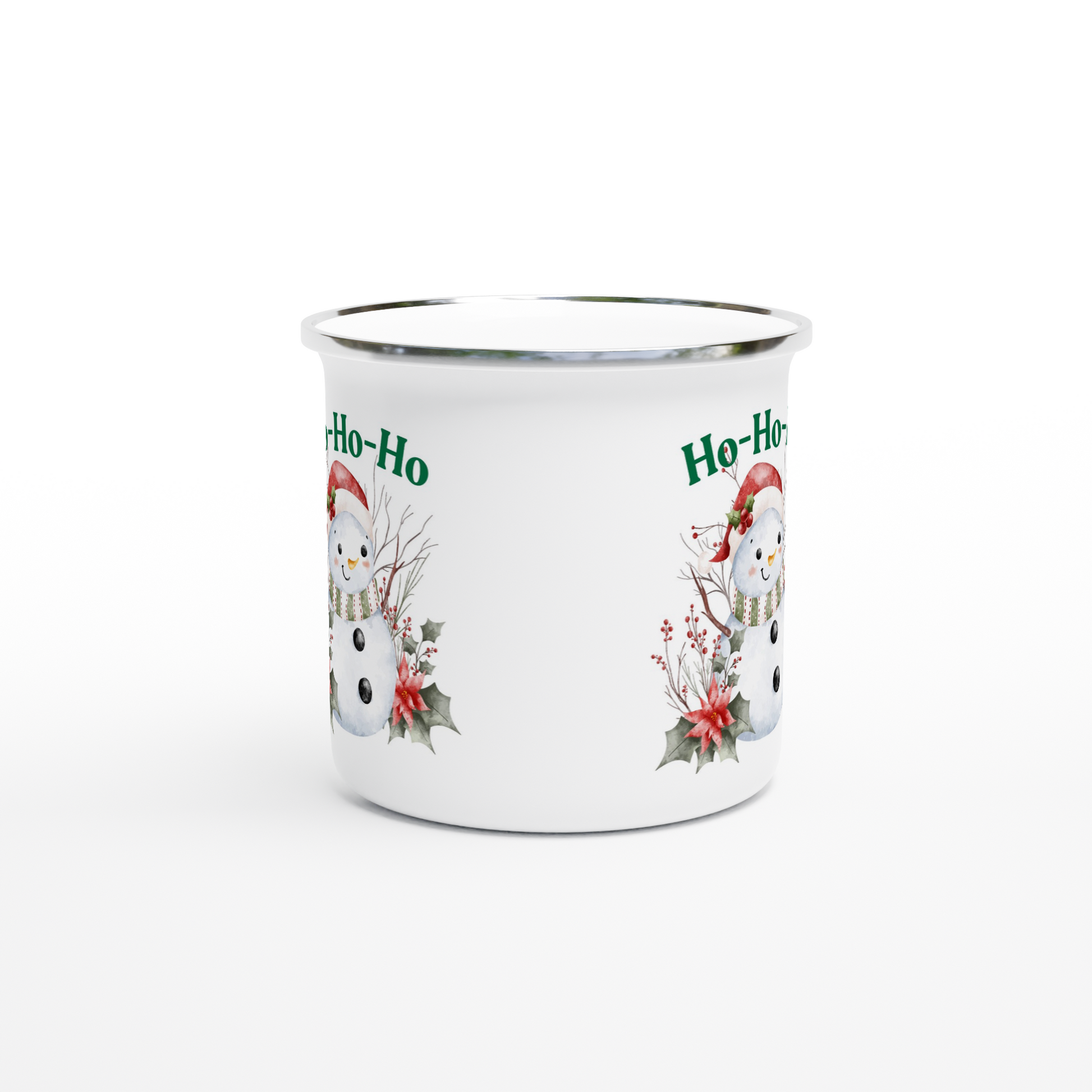 White mug with Christmas design featuring snowmen and 'Ho-Ho' text 