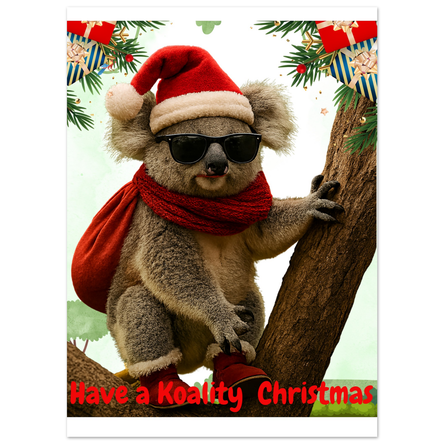 Koala bear wearing a Santa hat and scarf, with Christmas decorations in the background, text 'Have a Koality Christmas'.