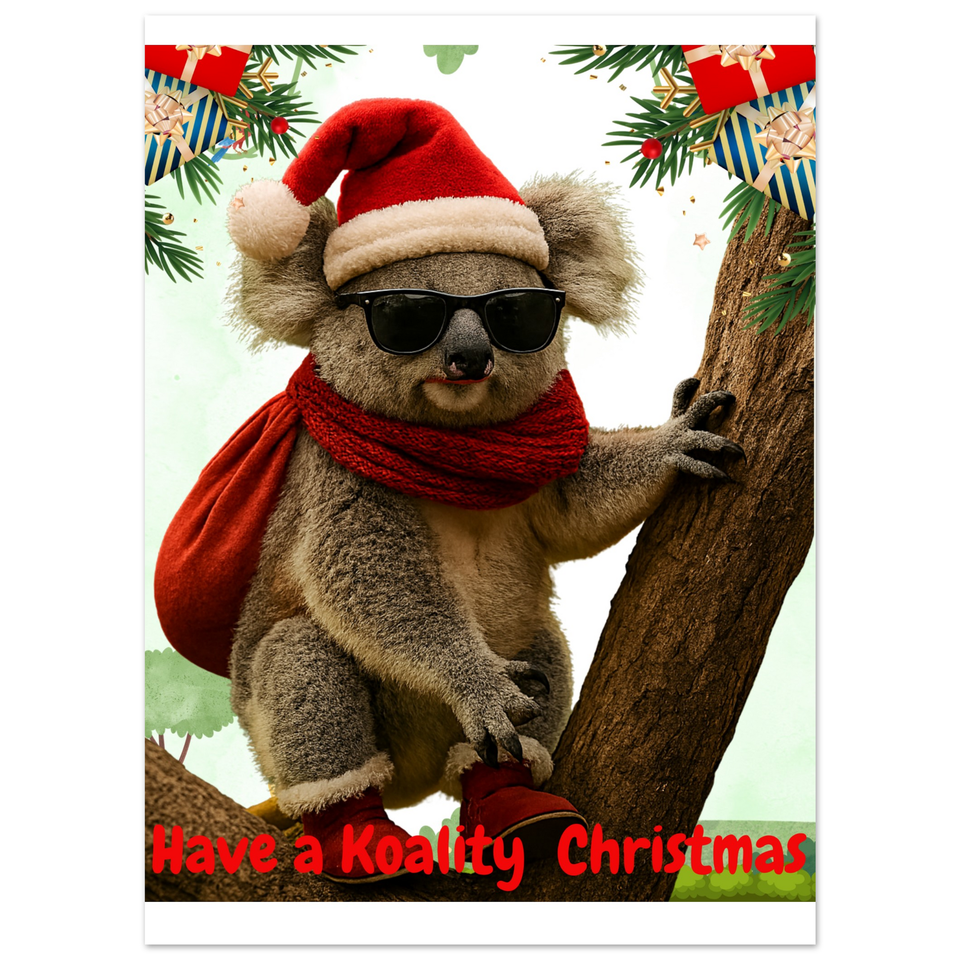 Koala bear wearing a Santa hat and scarf, with Christmas decorations in the background, text 'Have a Koality Christmas'.