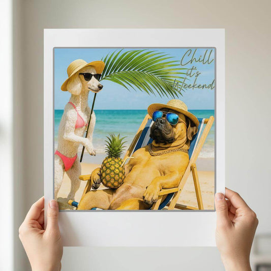 two dogs on a beach with a pineapple, sunglasses, and a palm leaf.