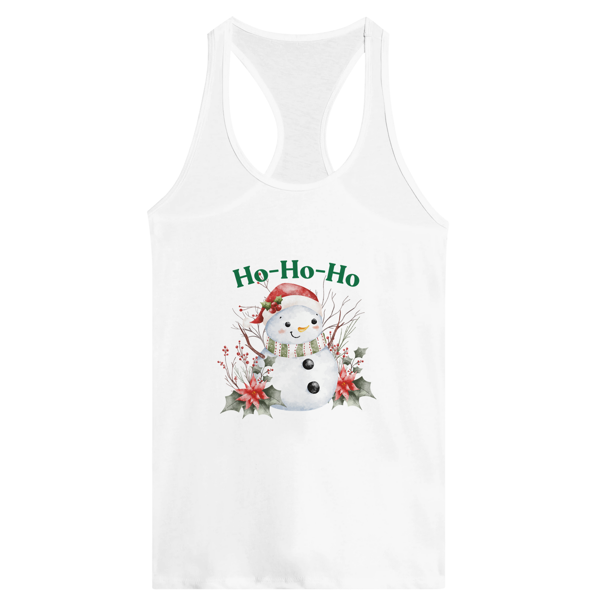 White tank top with a snowman design and 'Ho-Ho-Ho' text