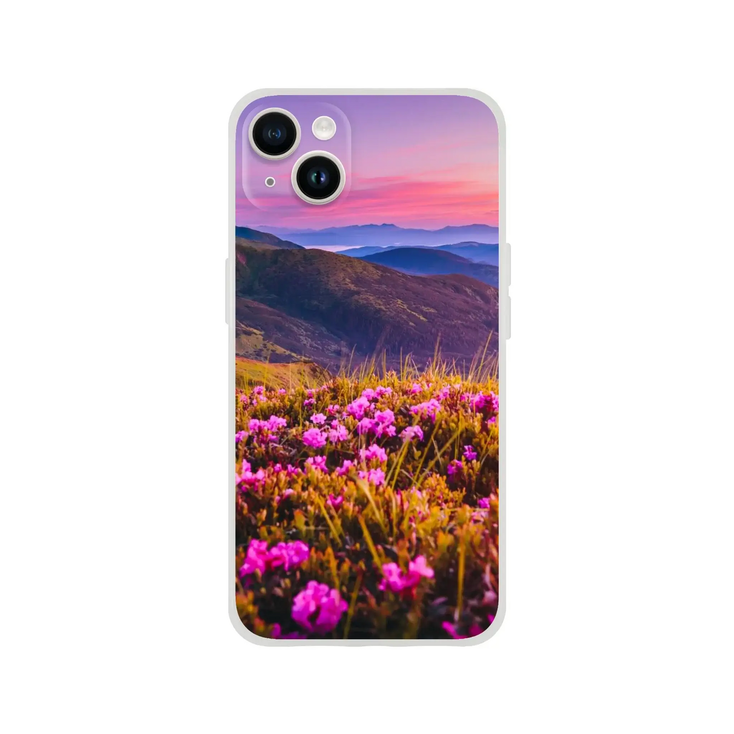 Phone case with a mountain and flower landscape design
