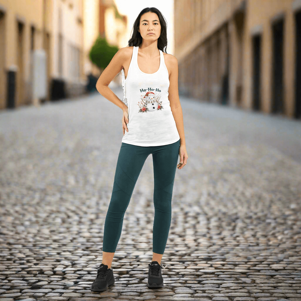 white tank top with a snowman design and Ho-Ho-Ho text,