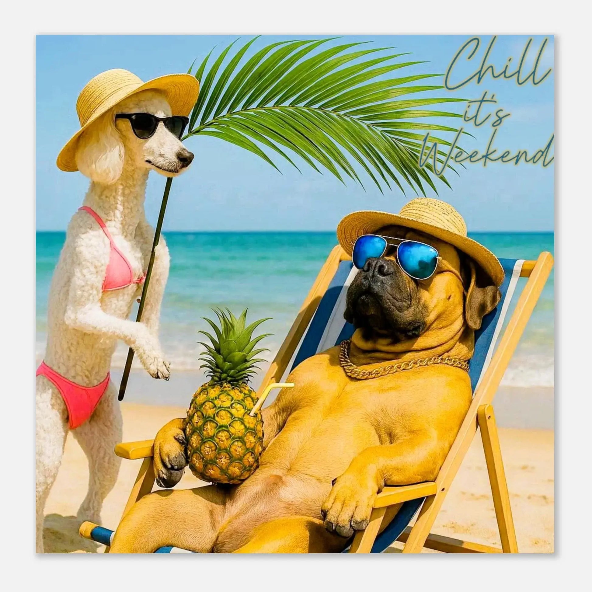 Two dogs on a beach with a pineapple, sunglasses, and a 'Chill it's weekend' text.