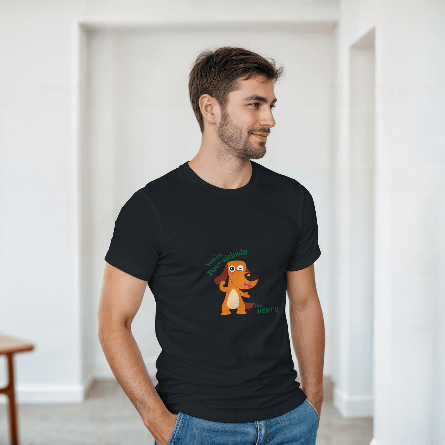  a black t-shirt with a graphic design of a dog and text.