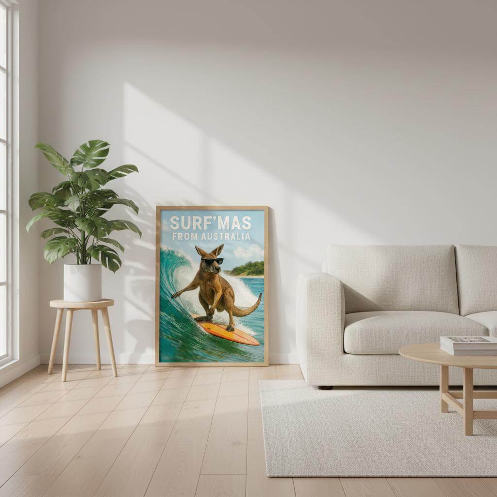  a framed poster of a kangaroo surfing
