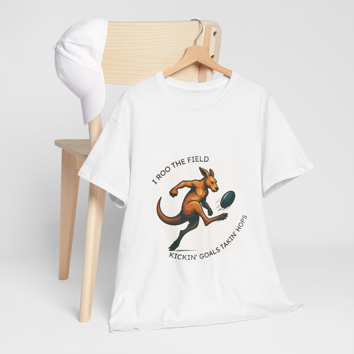 White t-shirt with kangaroo graphic and text 