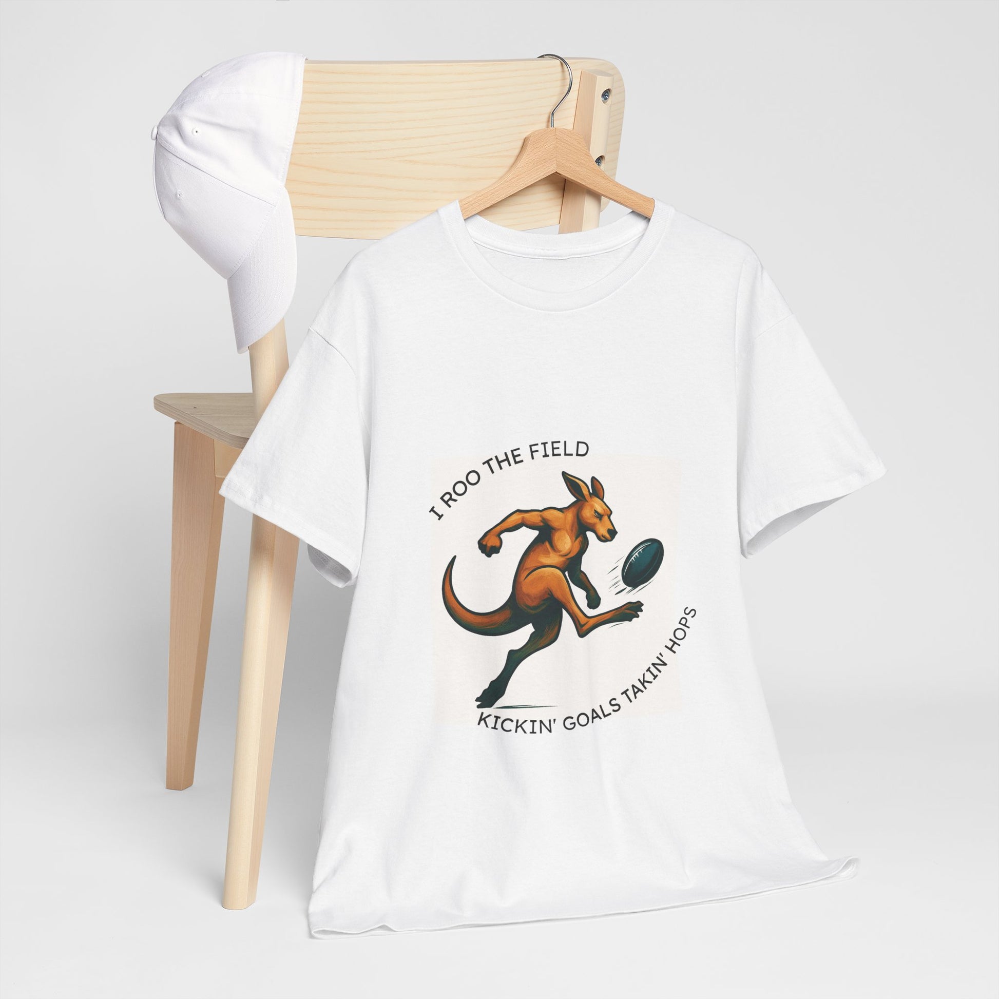 White t-shirt with kangaroo graphic and text 