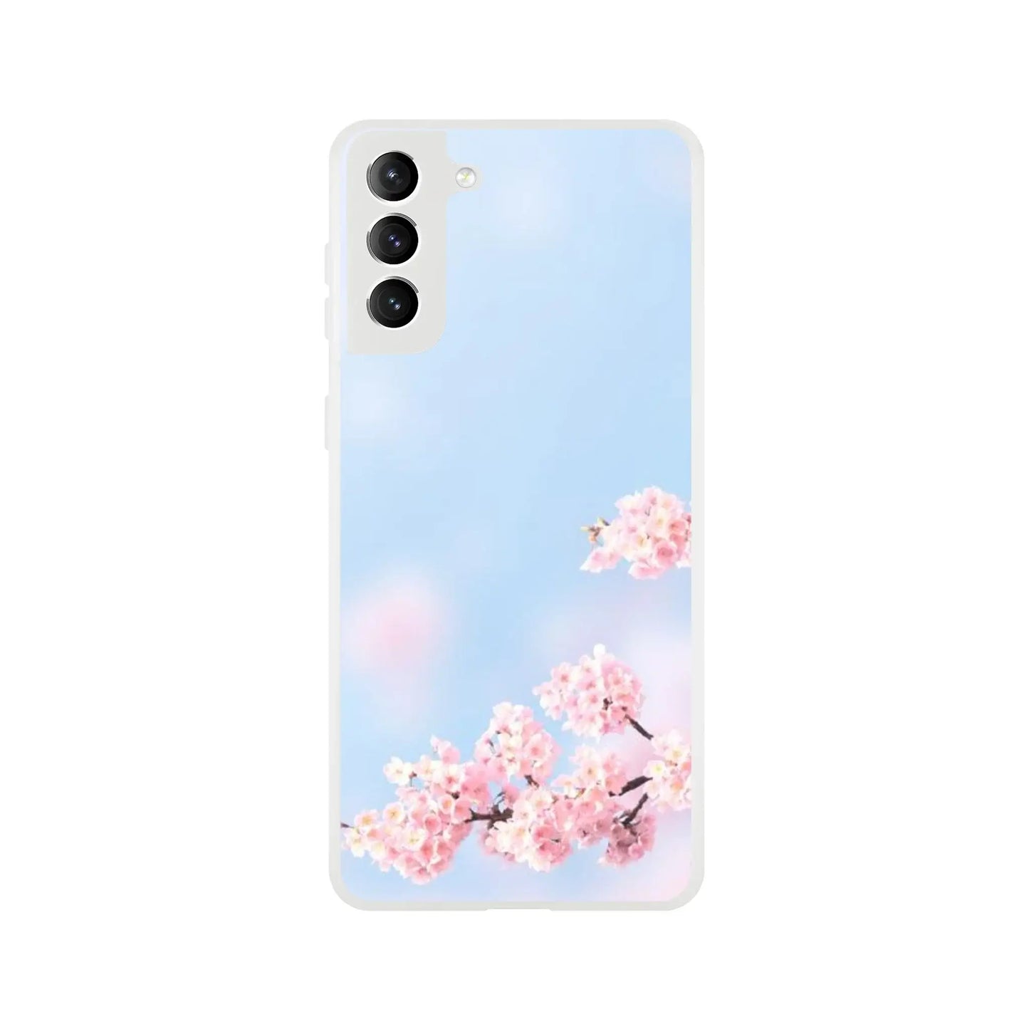 Phone case with cherry blossom design on a light blue background