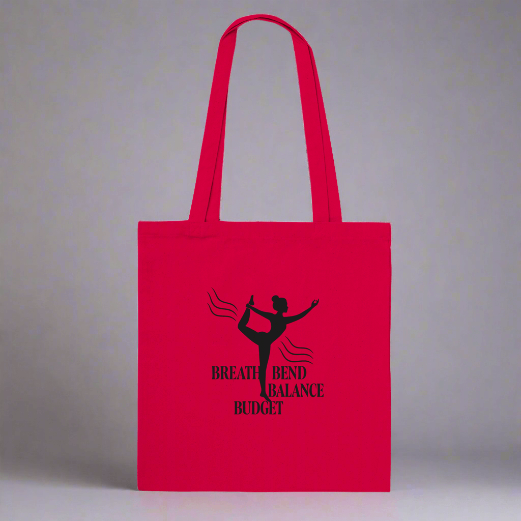 Red tote bag with black silhouette and tex.