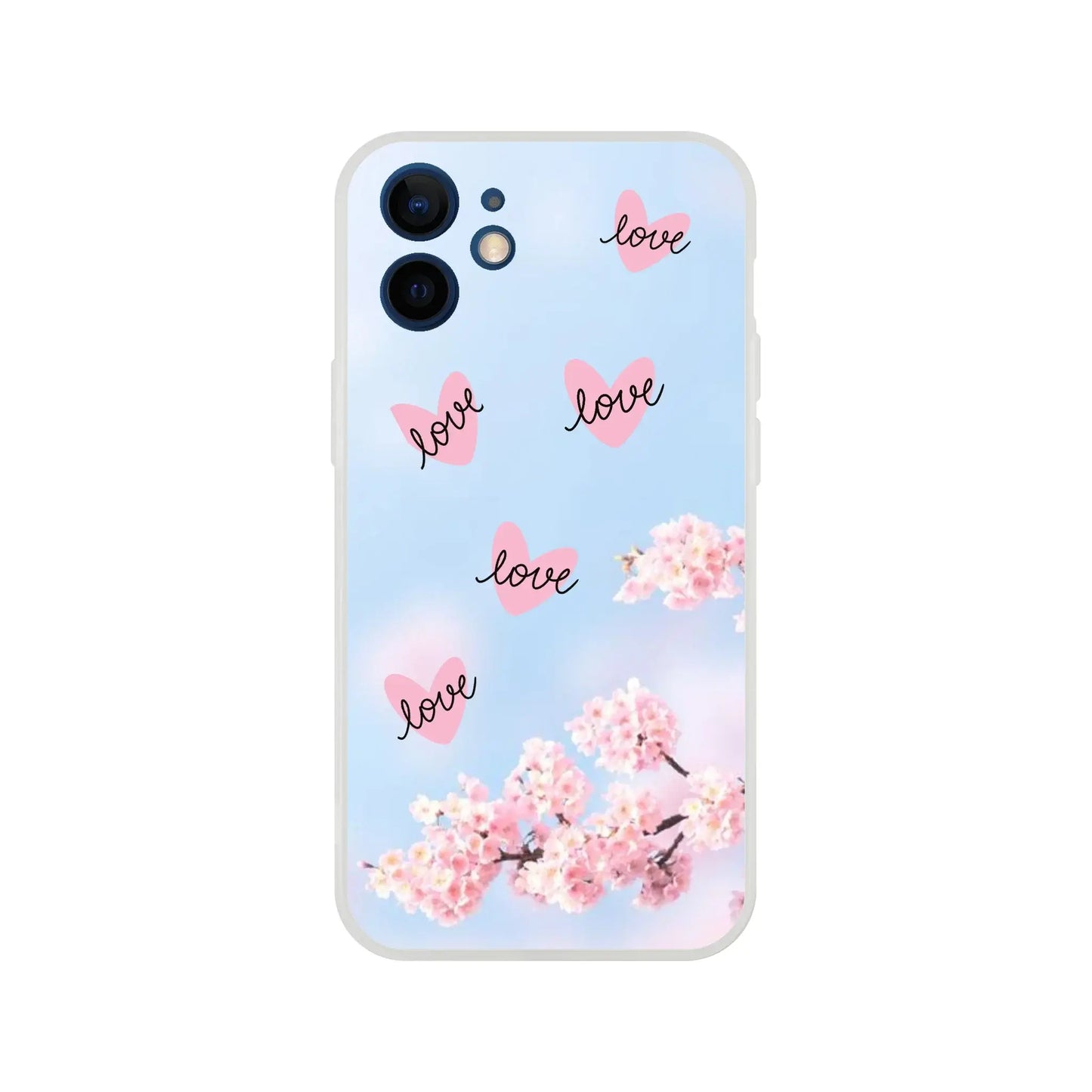 Phone case with cherry blossoms and 'love' text on a light blue background