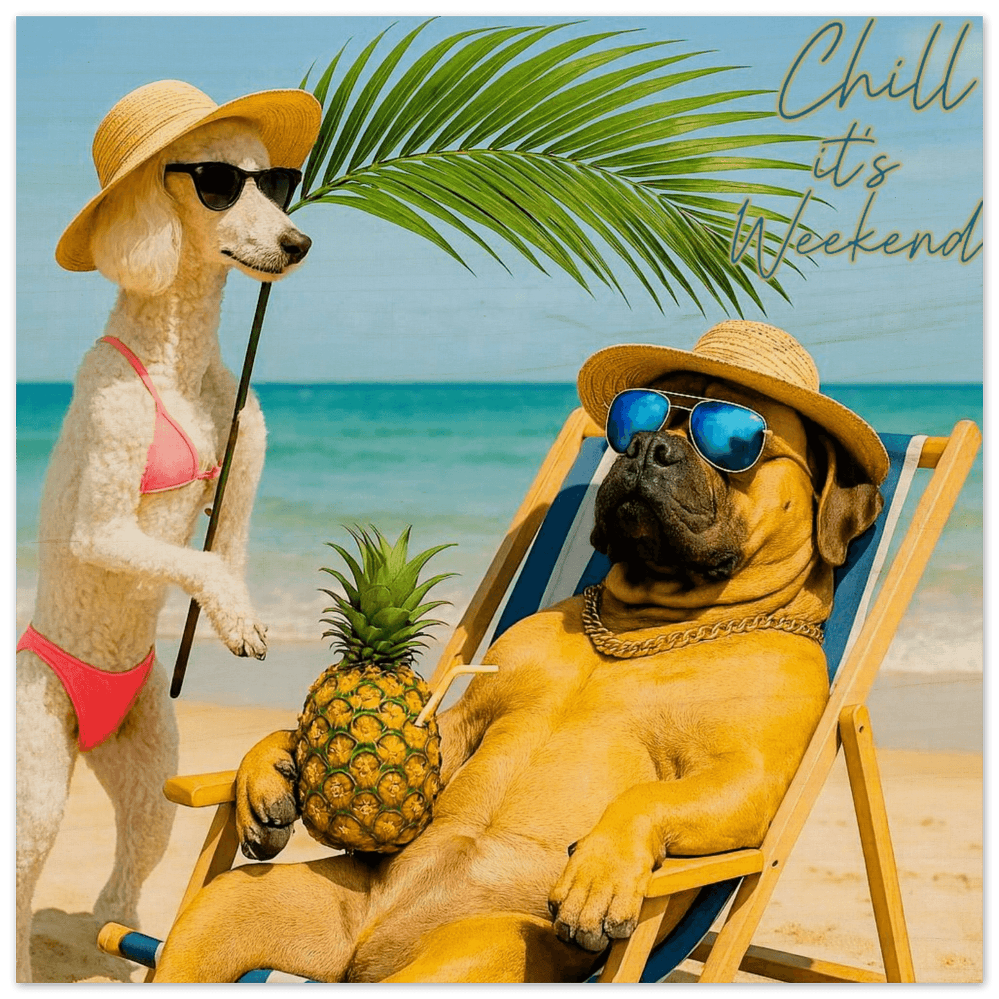 Two dogs on a beach, one in a hat and sunglasses holding a Palm leave, the other lounging with sunglasses on a chair.