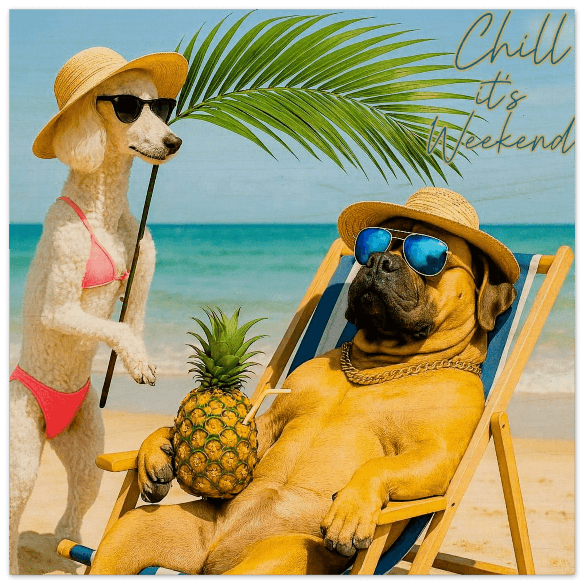 Two dogs on a beach, one in a hat and sunglasses holding a Palm leave, the other lounging with sunglasses on a chair.
