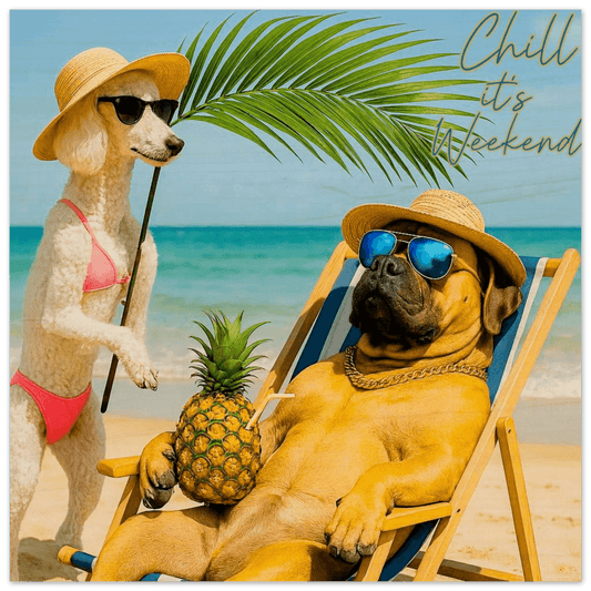 Two dogs on a beach, one in a hat and sunglasses holding a Palm leave, the other lounging with sunglasses on a chair.