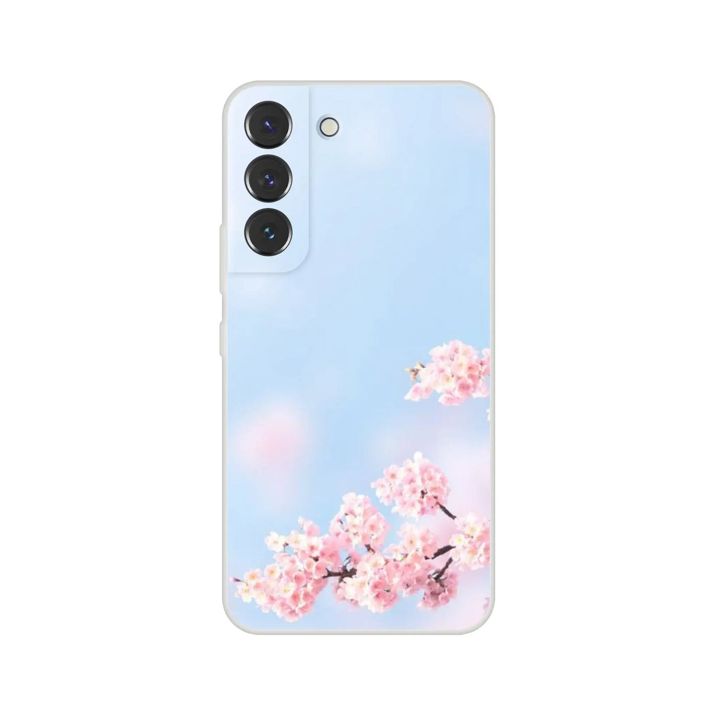 Phone case with cherry blossom design on a light blue background