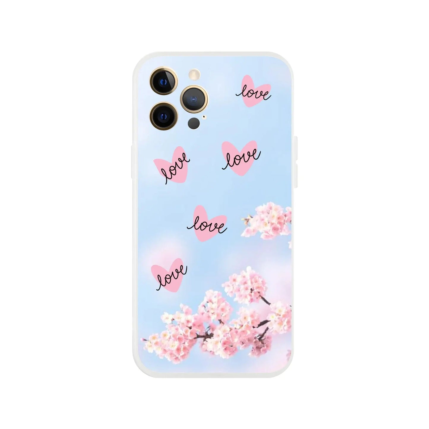 Phone case with cherry blossom design and 'love' text on a light blue background