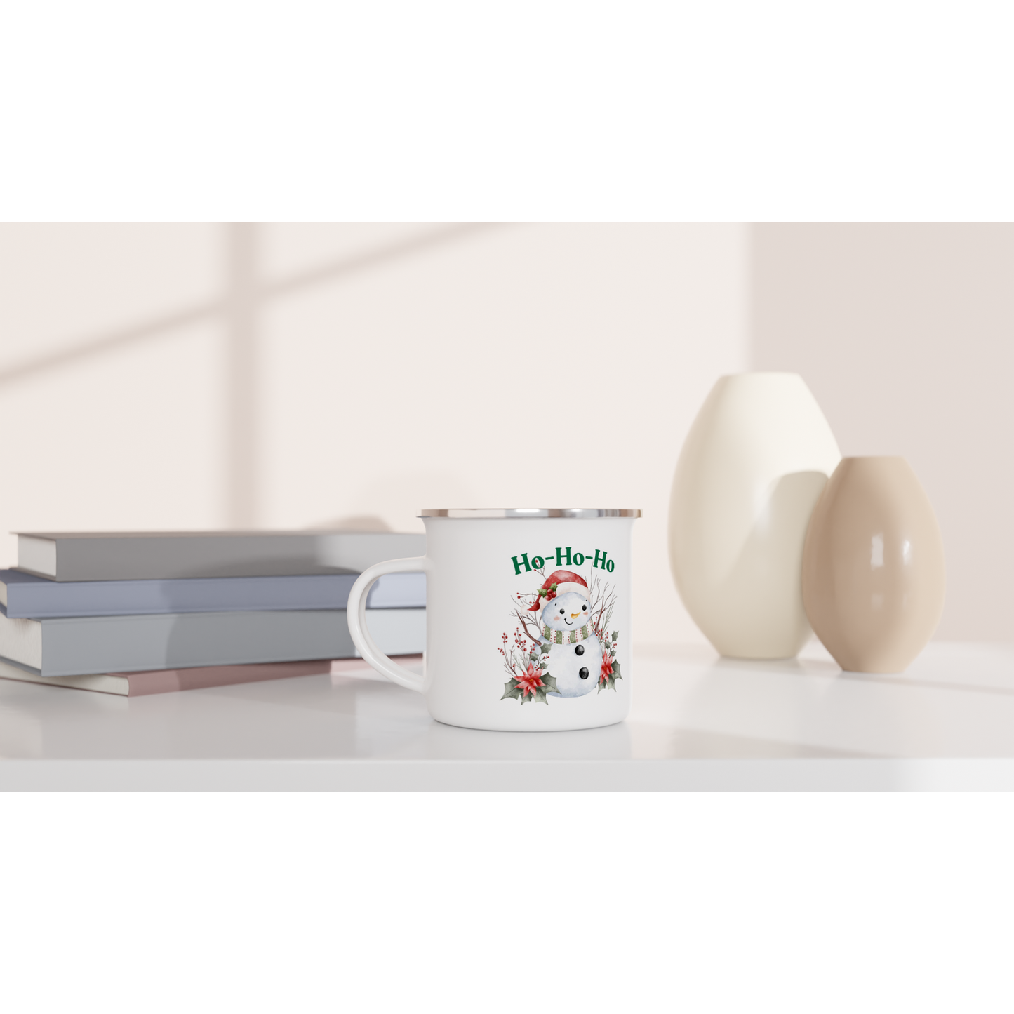 White mug with snowman design and 'Ho Ho Ho' text 