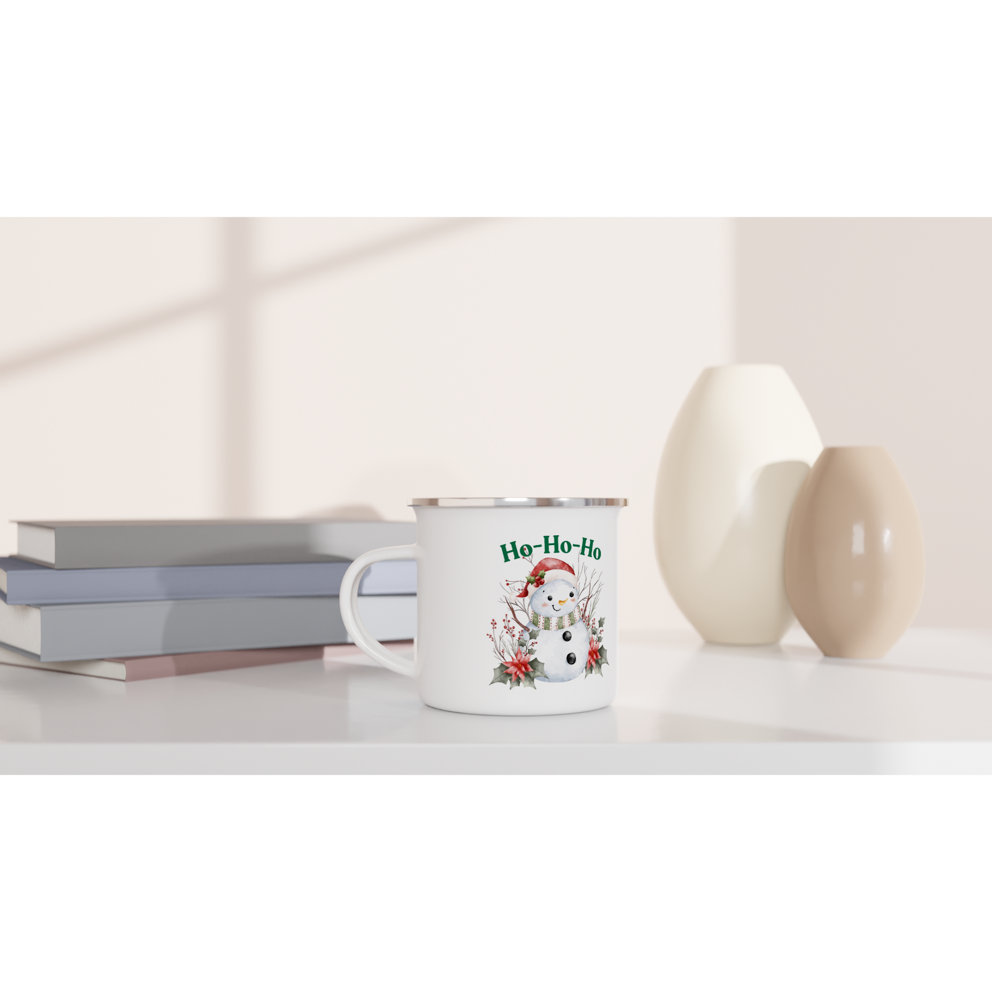 White mug with snowman design and 'Ho Ho Ho' text 