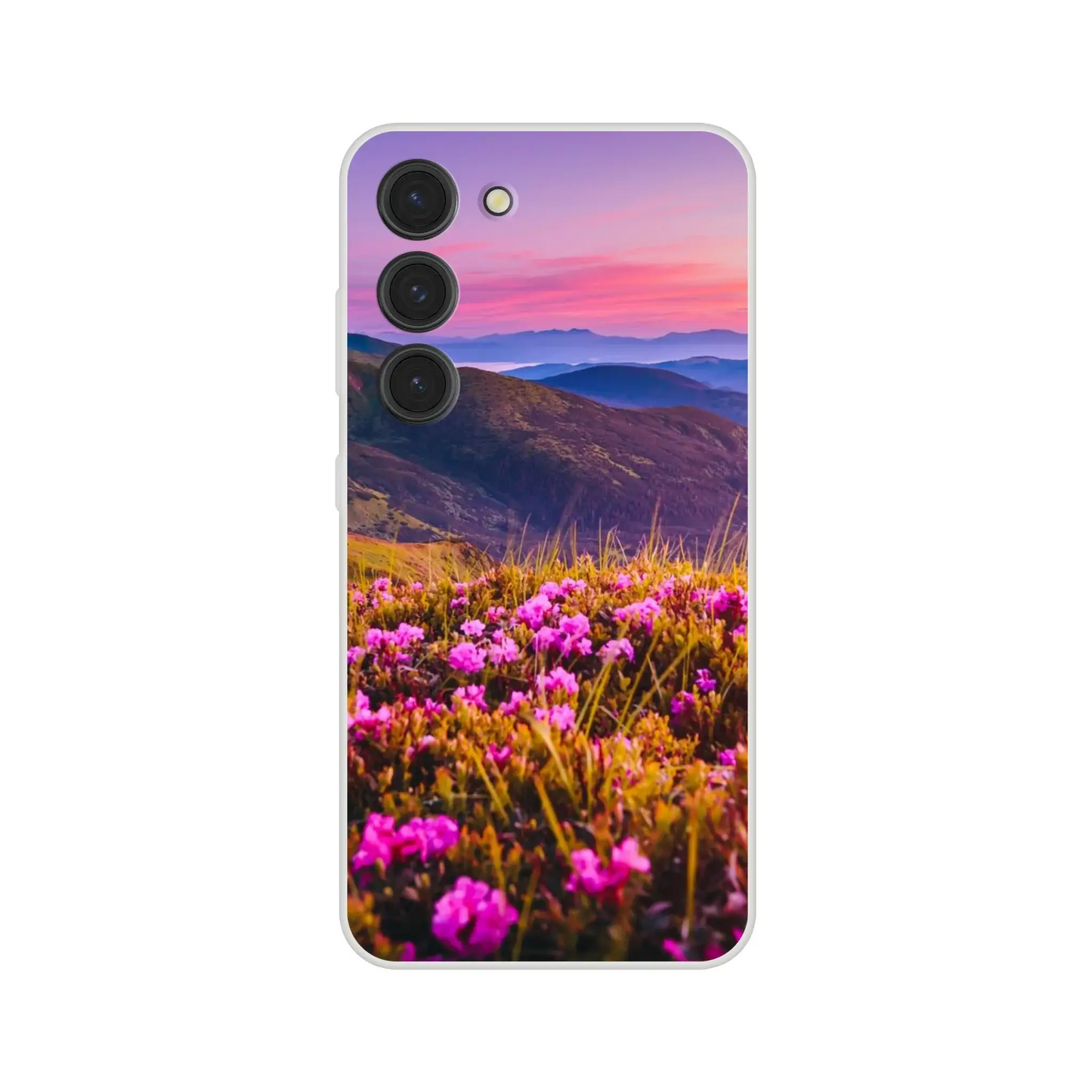 Phone case with a mountain and flower design