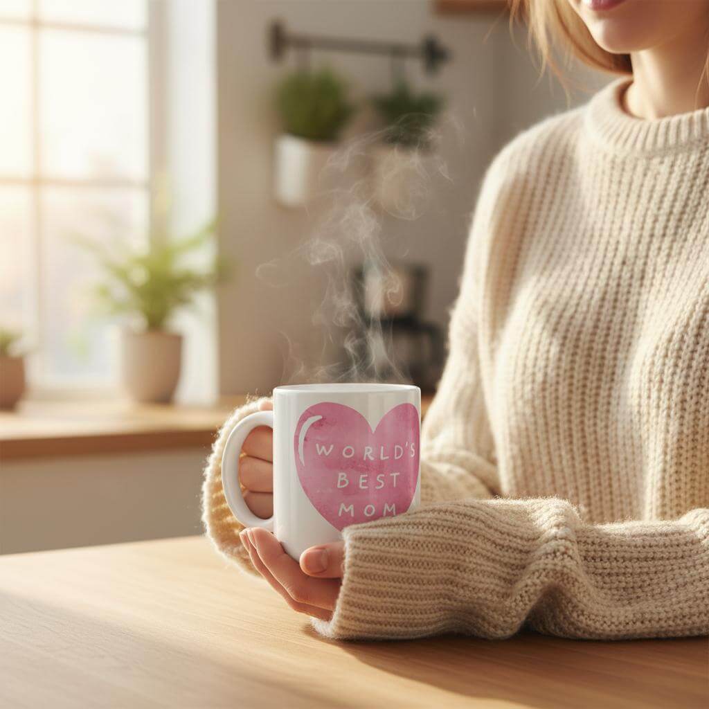 Person holding a mug with 'World's Best Mom' text 