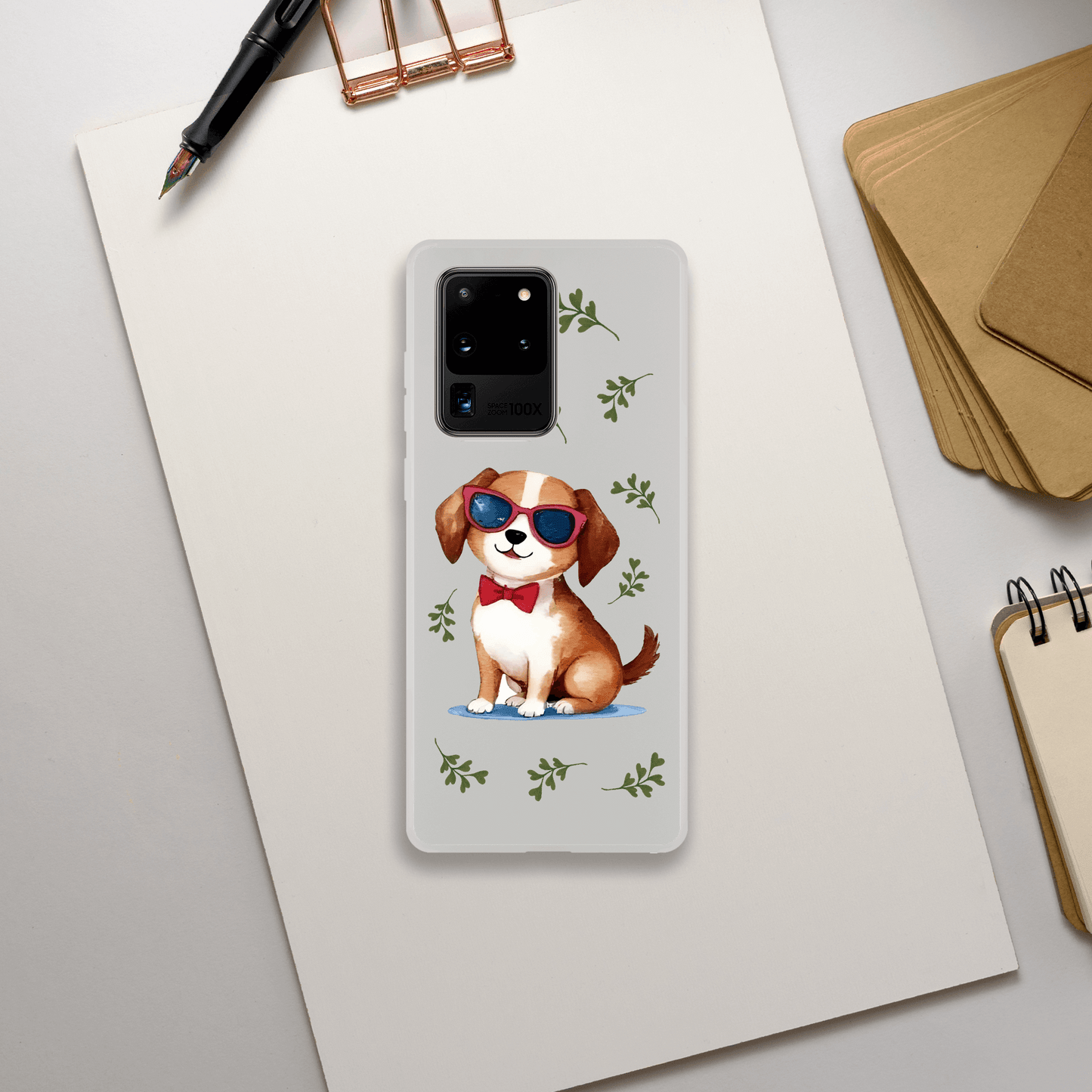 Phone case with a dog illustration wearing sunglasses