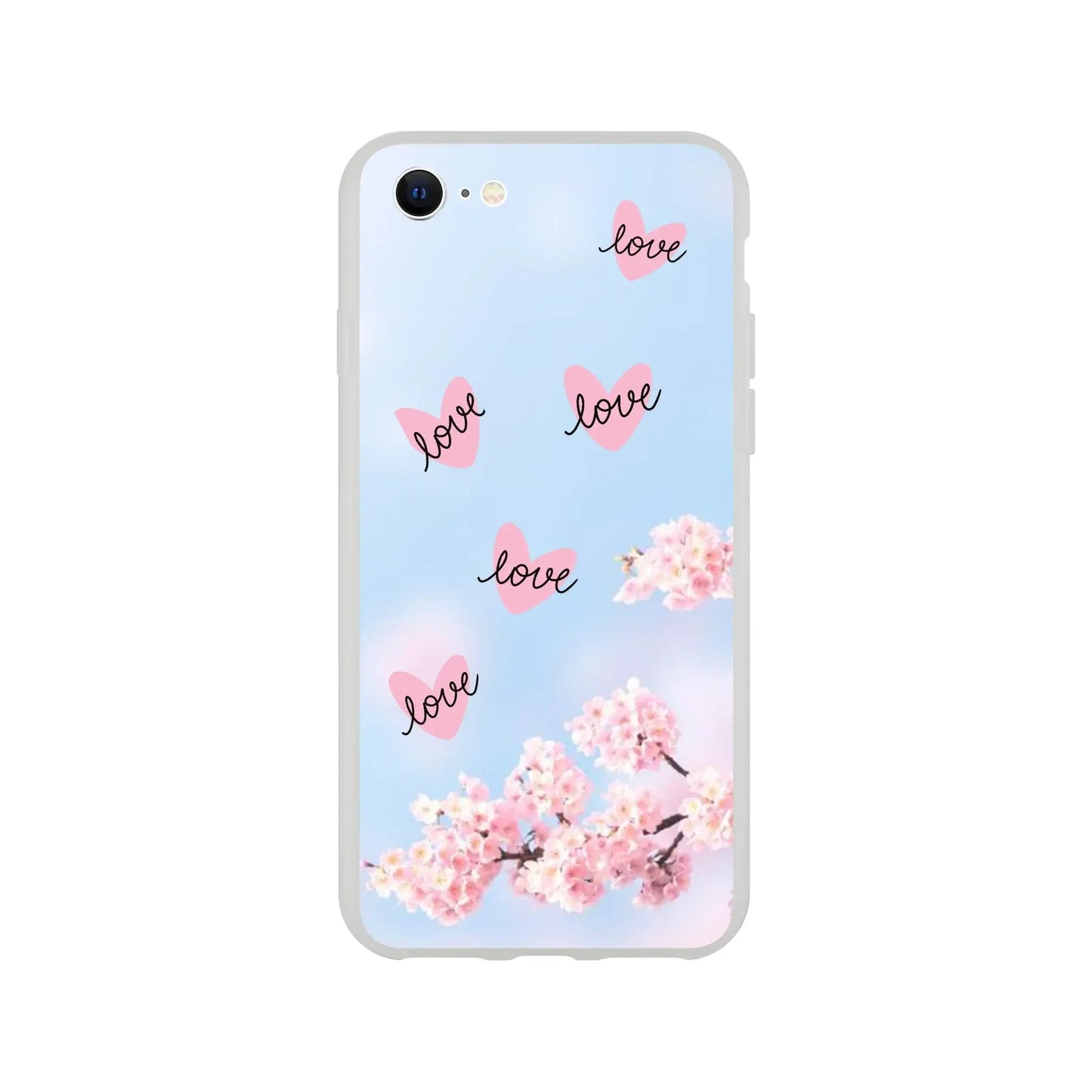 Phone case with 'love' text and cherry blossom design on a light blue background