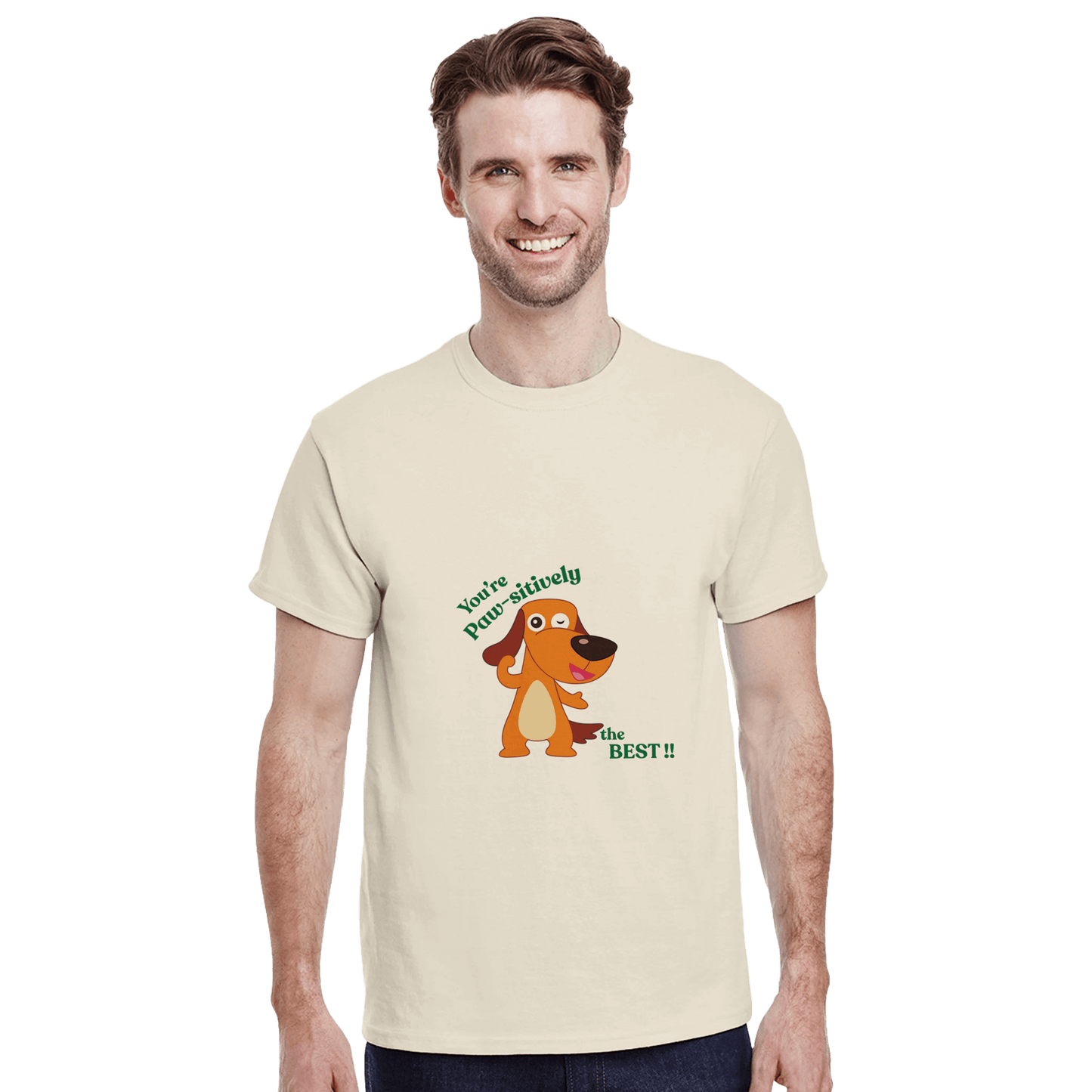 a beige t-shirt with a dog graphic and text 
