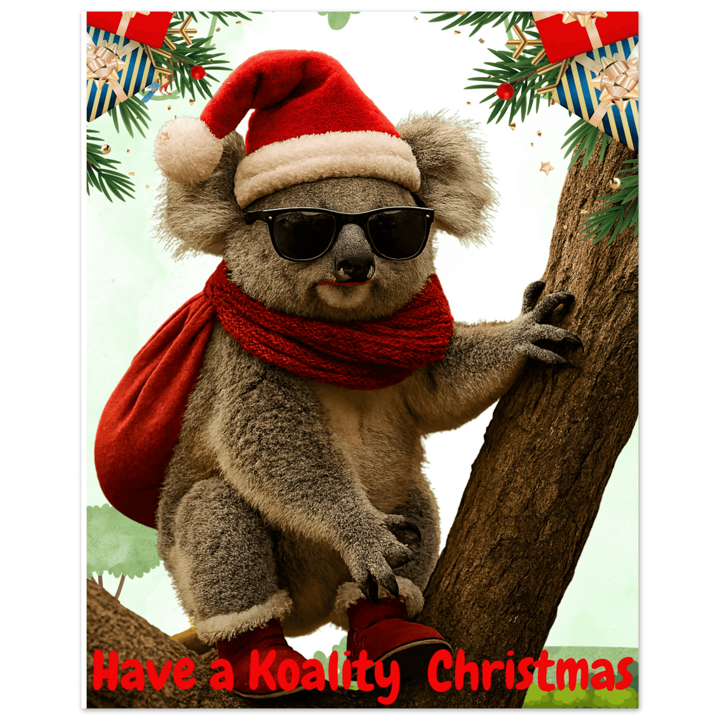 Koala in a Santa hat and scarf with sunglasses