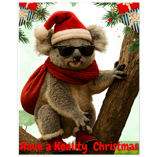 Koala in a Santa hat and scarf with sunglasses
