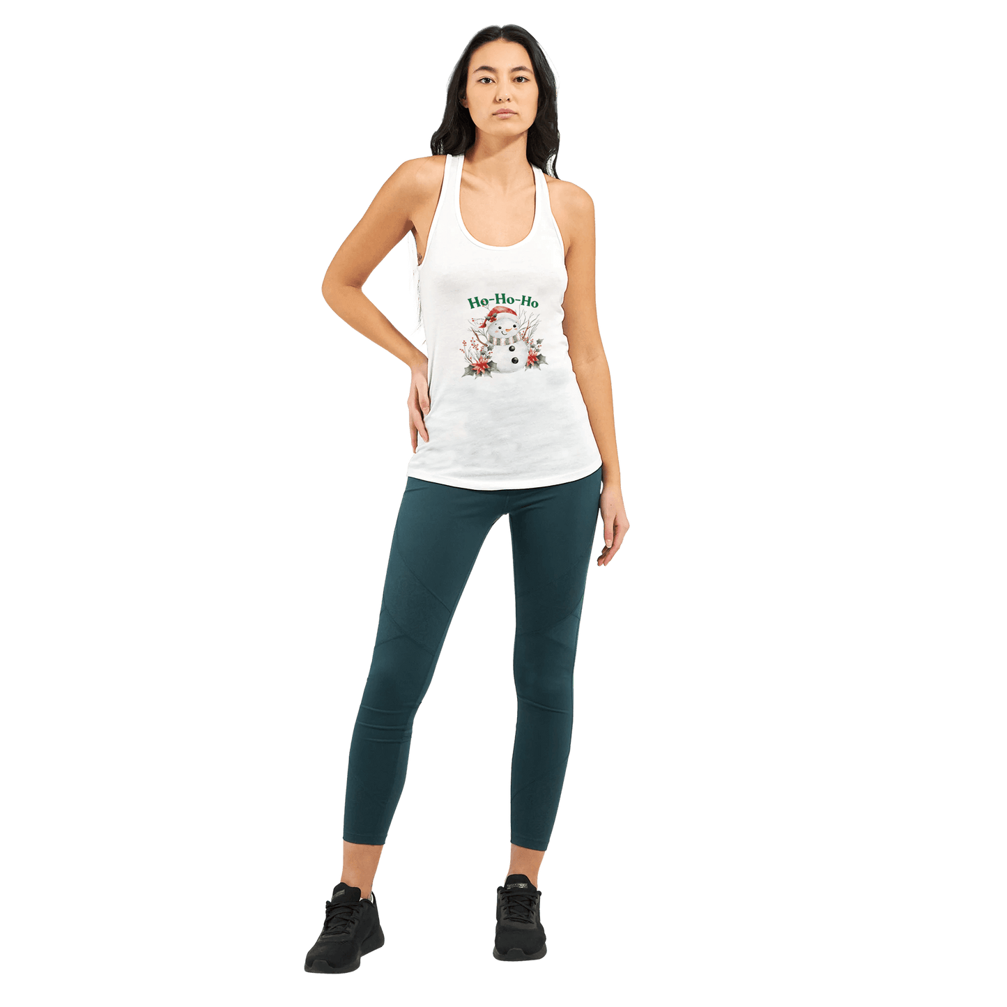 a white tank top with Snowman design and Ho-Ho-Ho text