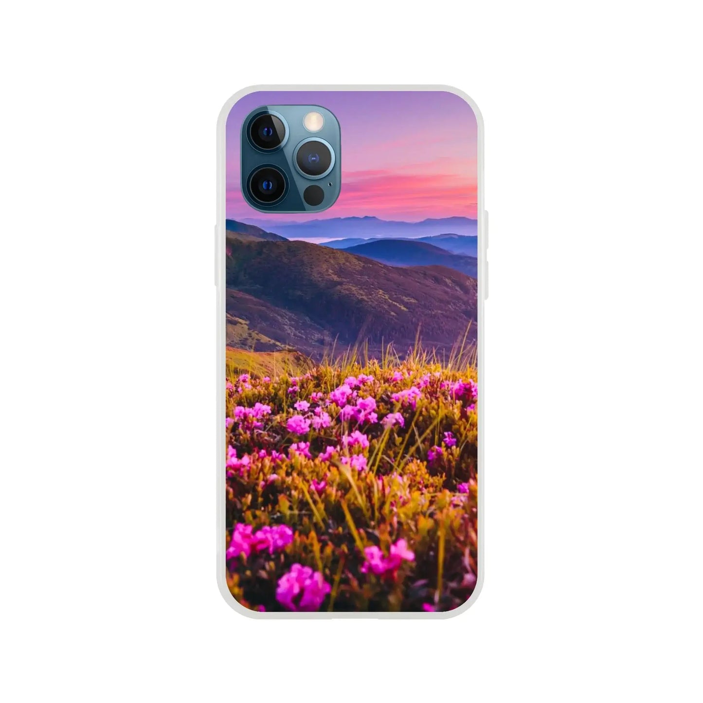 Phone case with a scenic design of pink flowers and mountains
