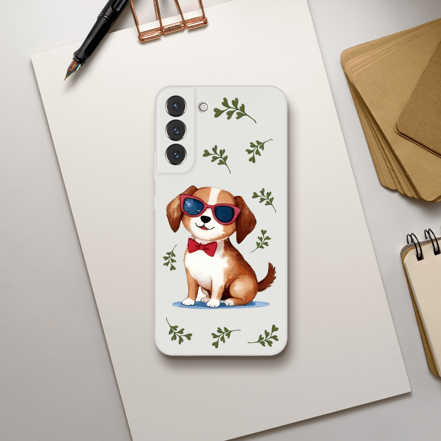 Phone case with a dog illustration wearing sunglasses and a bow tie 