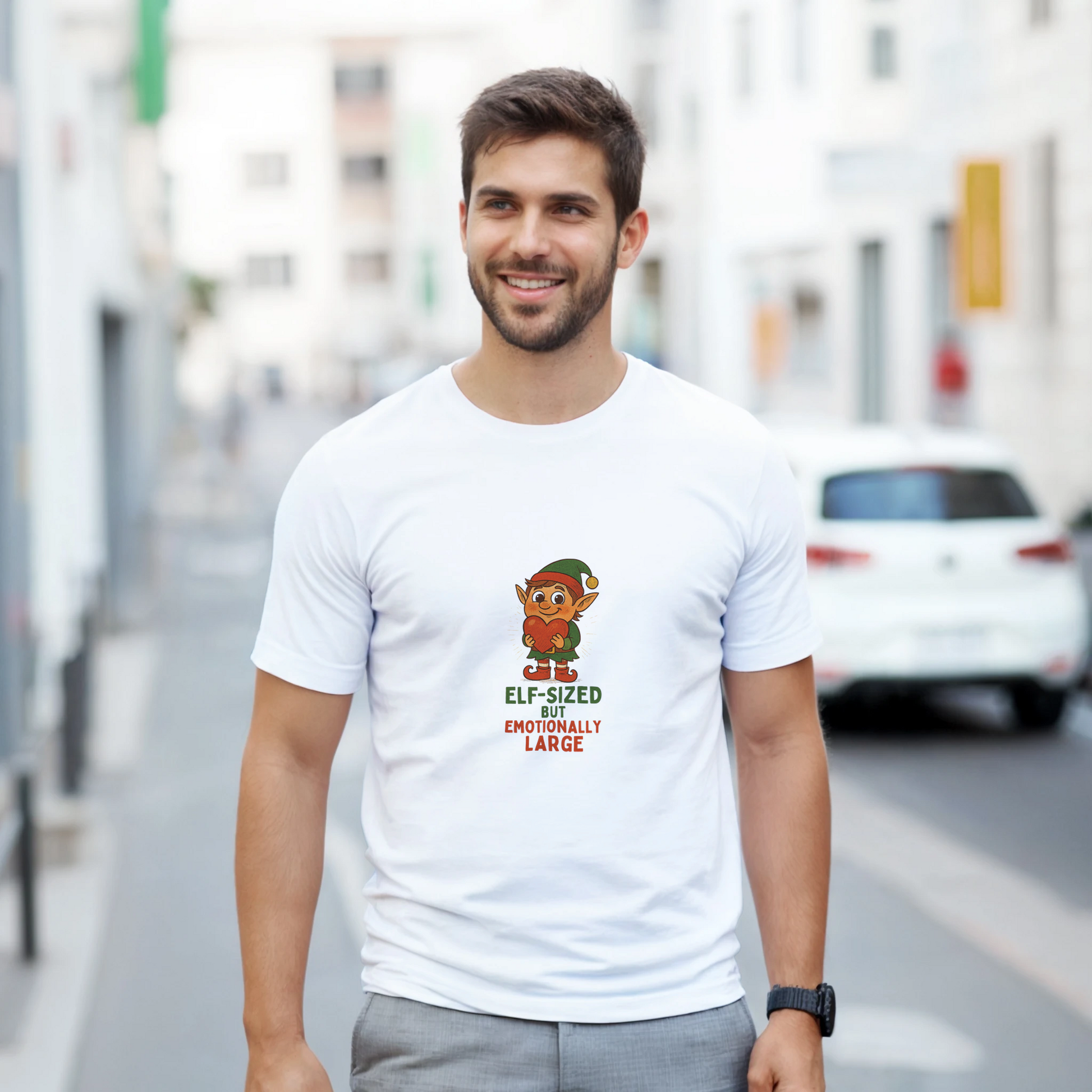 a white t-shirt with a graphic elf design