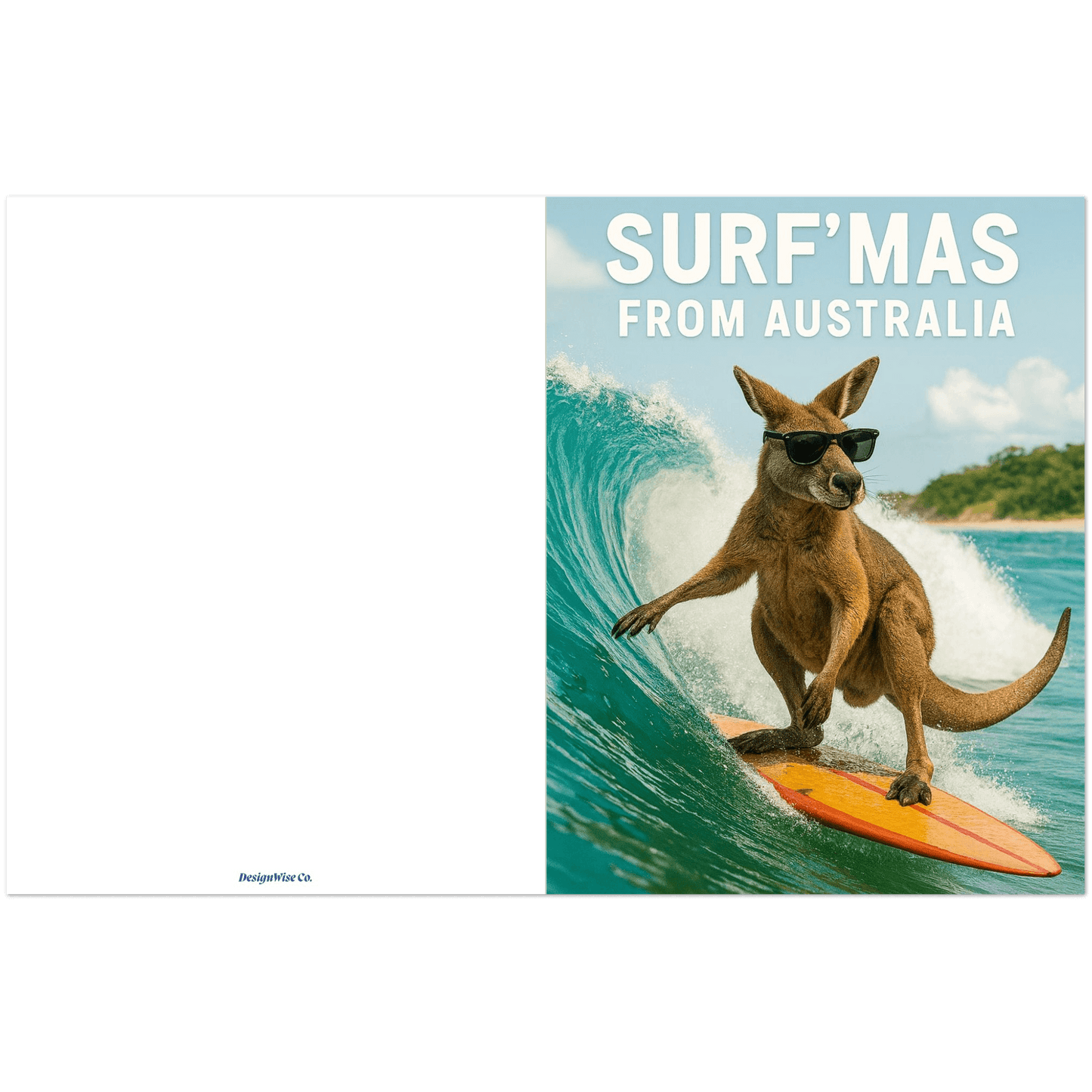 Kangaroo surfing on a wave with 'Surf'mas from Australia' text