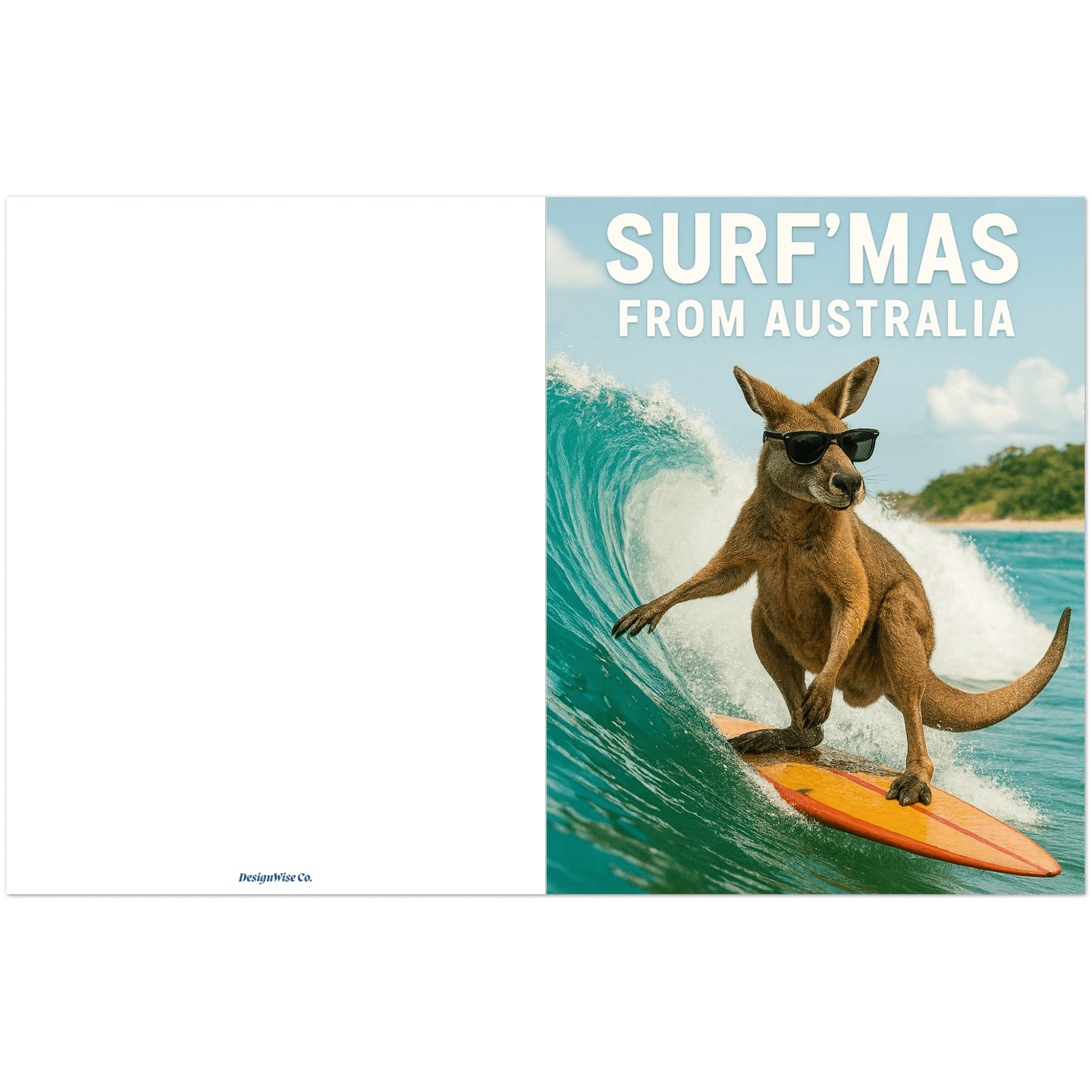 Kangaroo surfing on a wave with 'Surf'mas from Australia' text