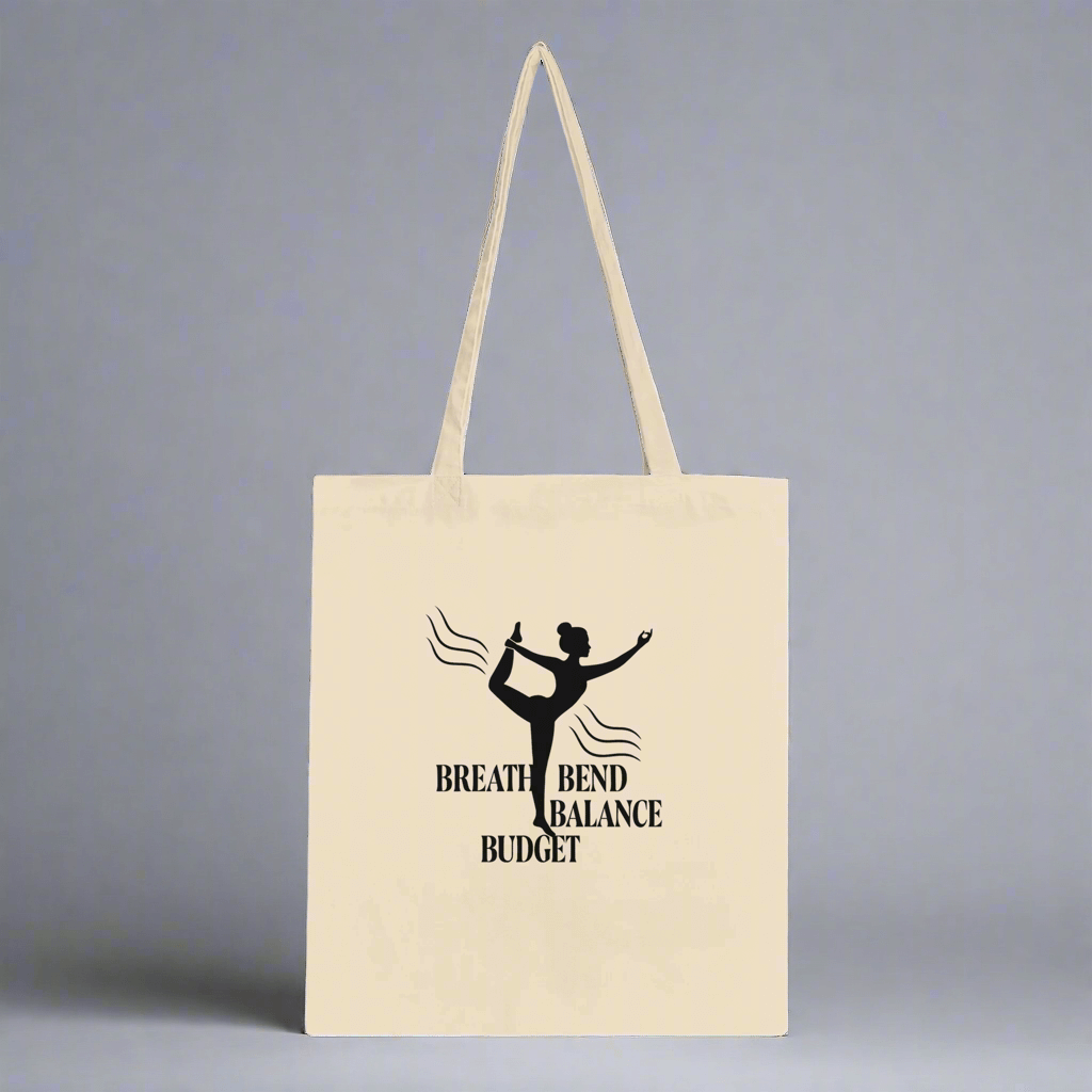 Beige tote bag with black silhouette and text.