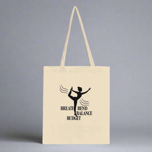 Beige tote bag with black silhouette and text.