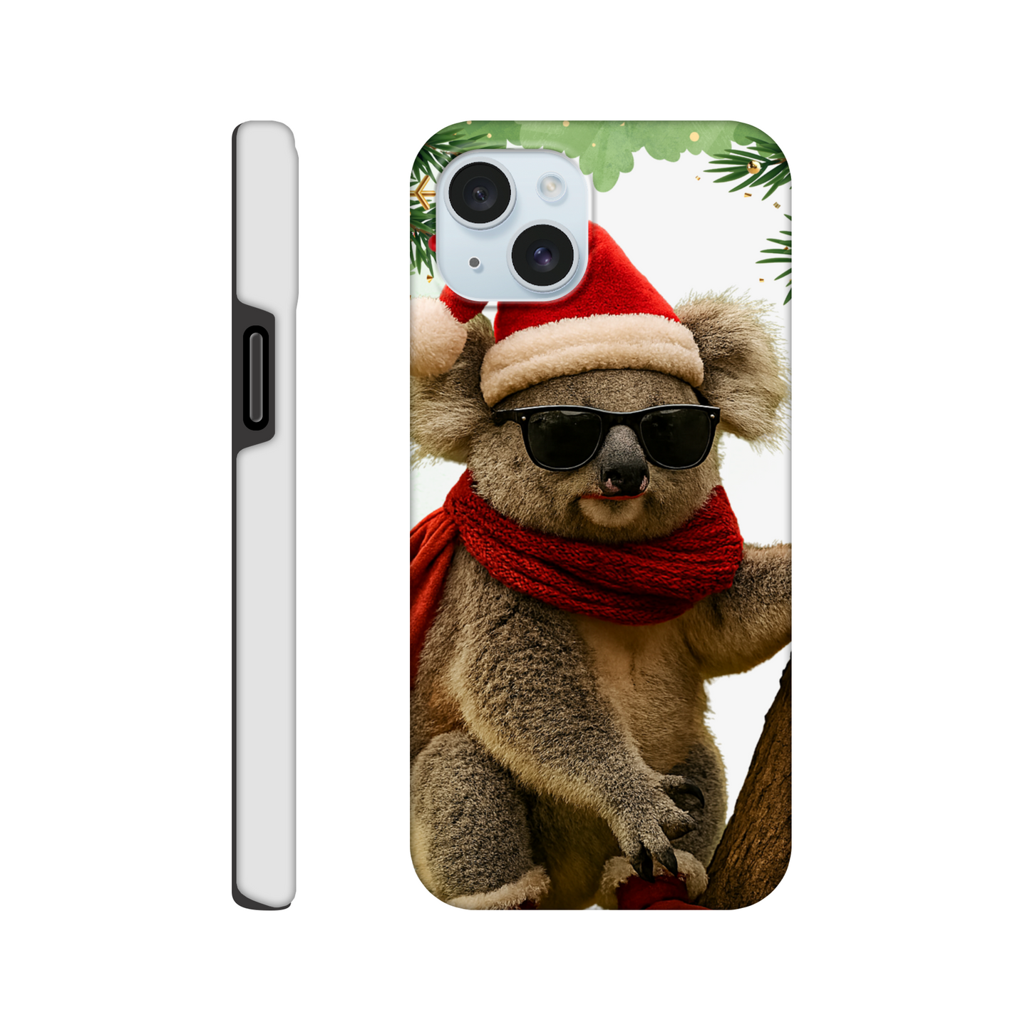Phone case with a koala wearing a Santa hat and sunglasses
